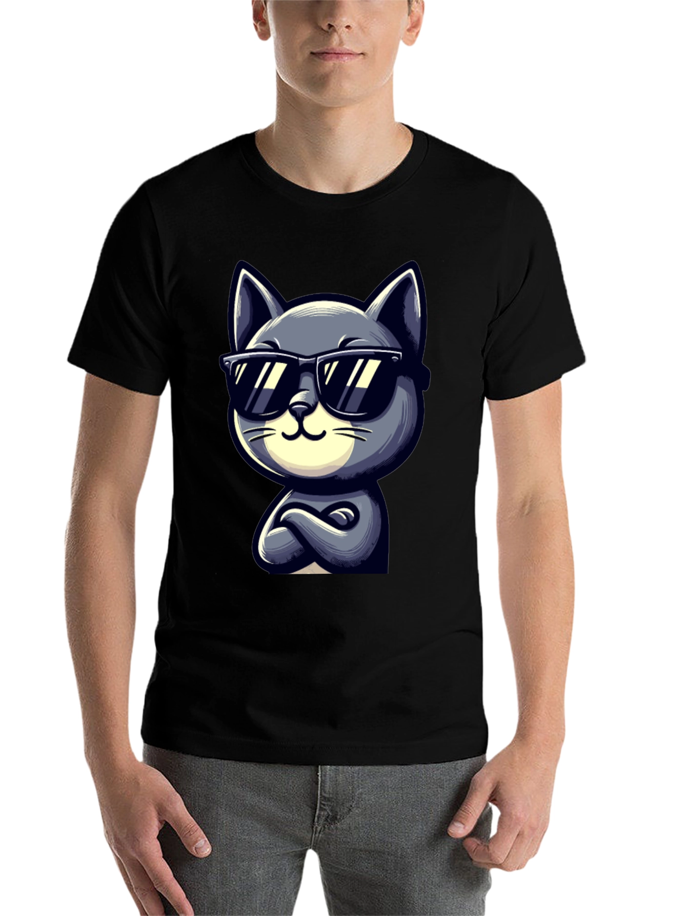 Black Cool Cat Cartoon Graphic T-Shirt view 7