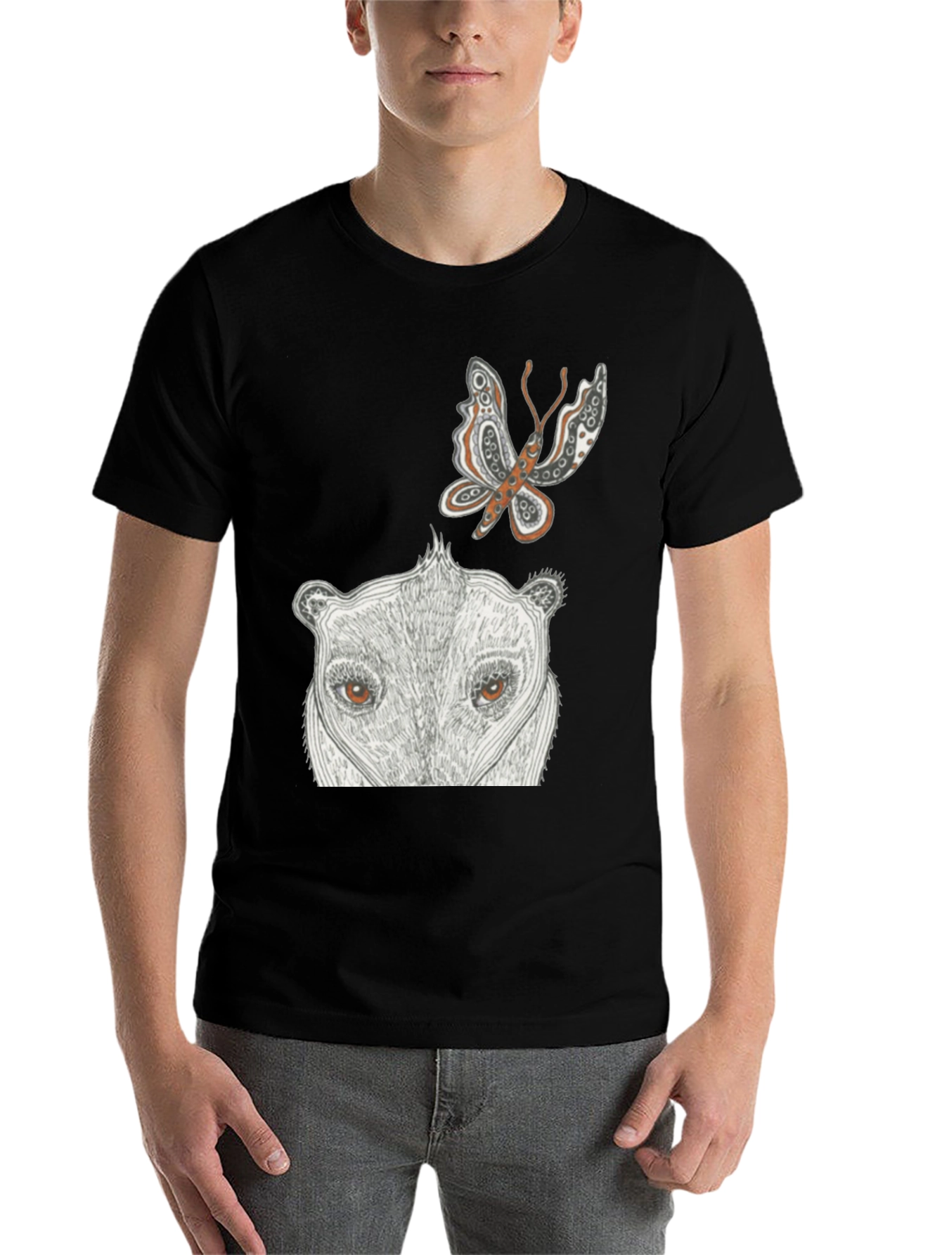 Black Artistic Graphic Tee - Butterfly & Animal Face view 7