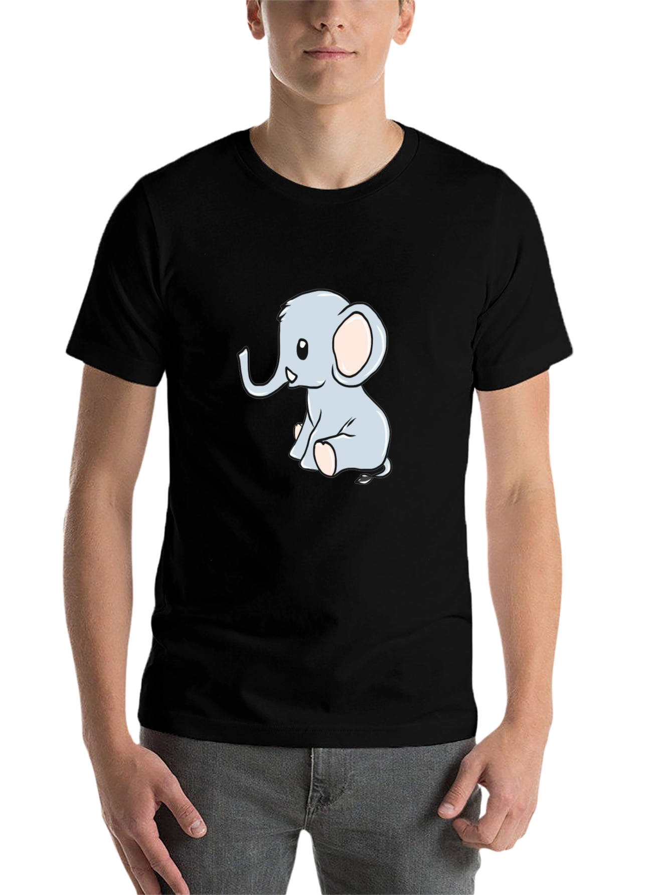 Black Cute Cartoon Elephant Black T-Shirt view 7