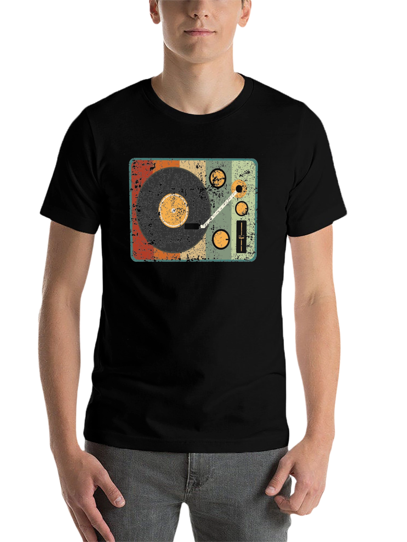Black Retro Turntable Graphic T-Shirt - Vintage Music Lover Tee view 7