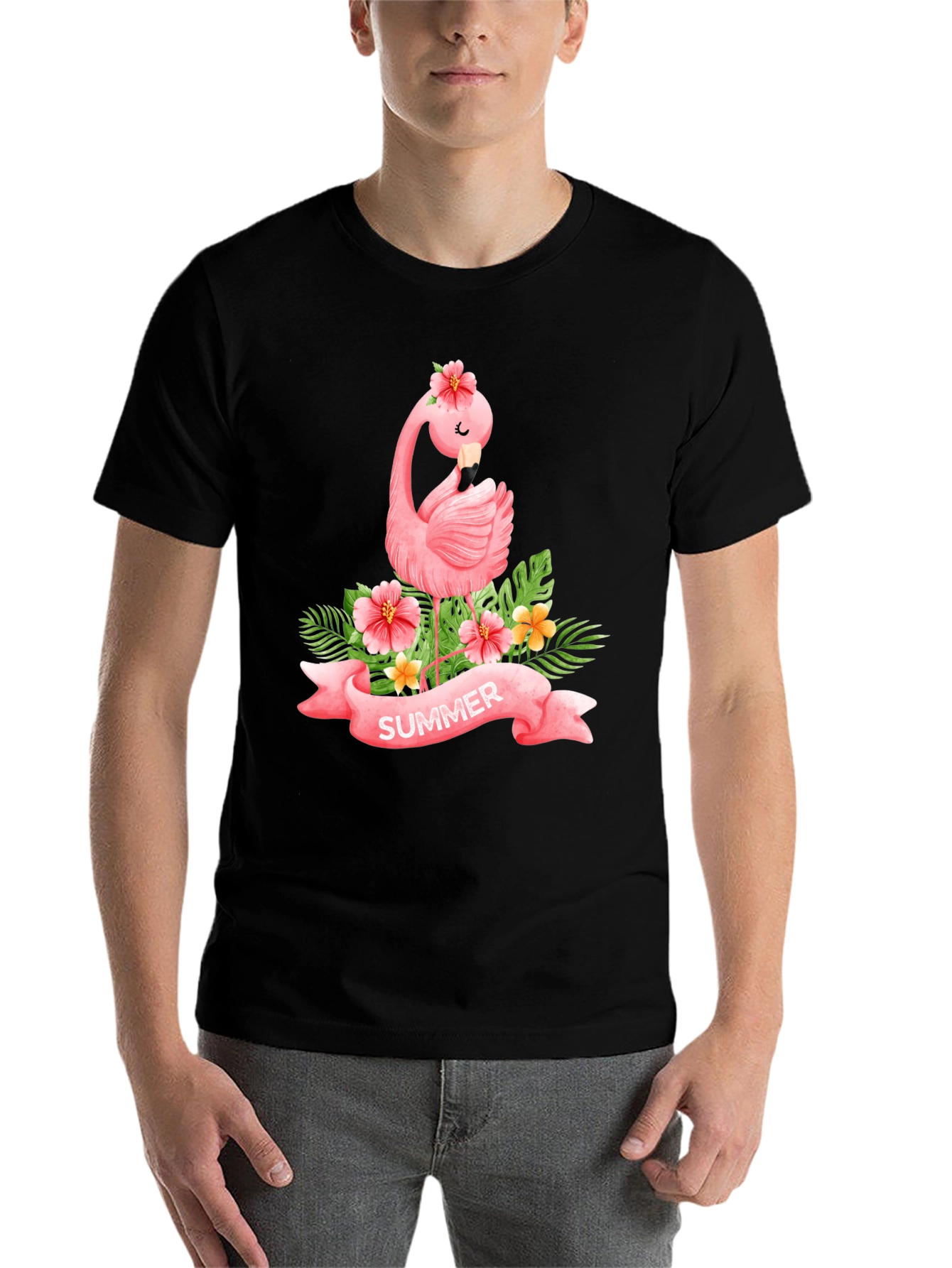 Black Summer Flamingo Black T-Shirt view 7