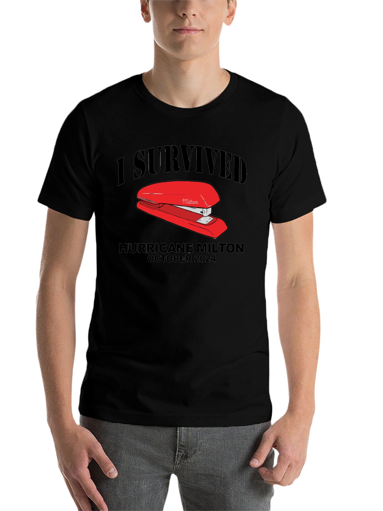 Black I Survived Hurricane Milton Stapler Black T-Shirt view 7
