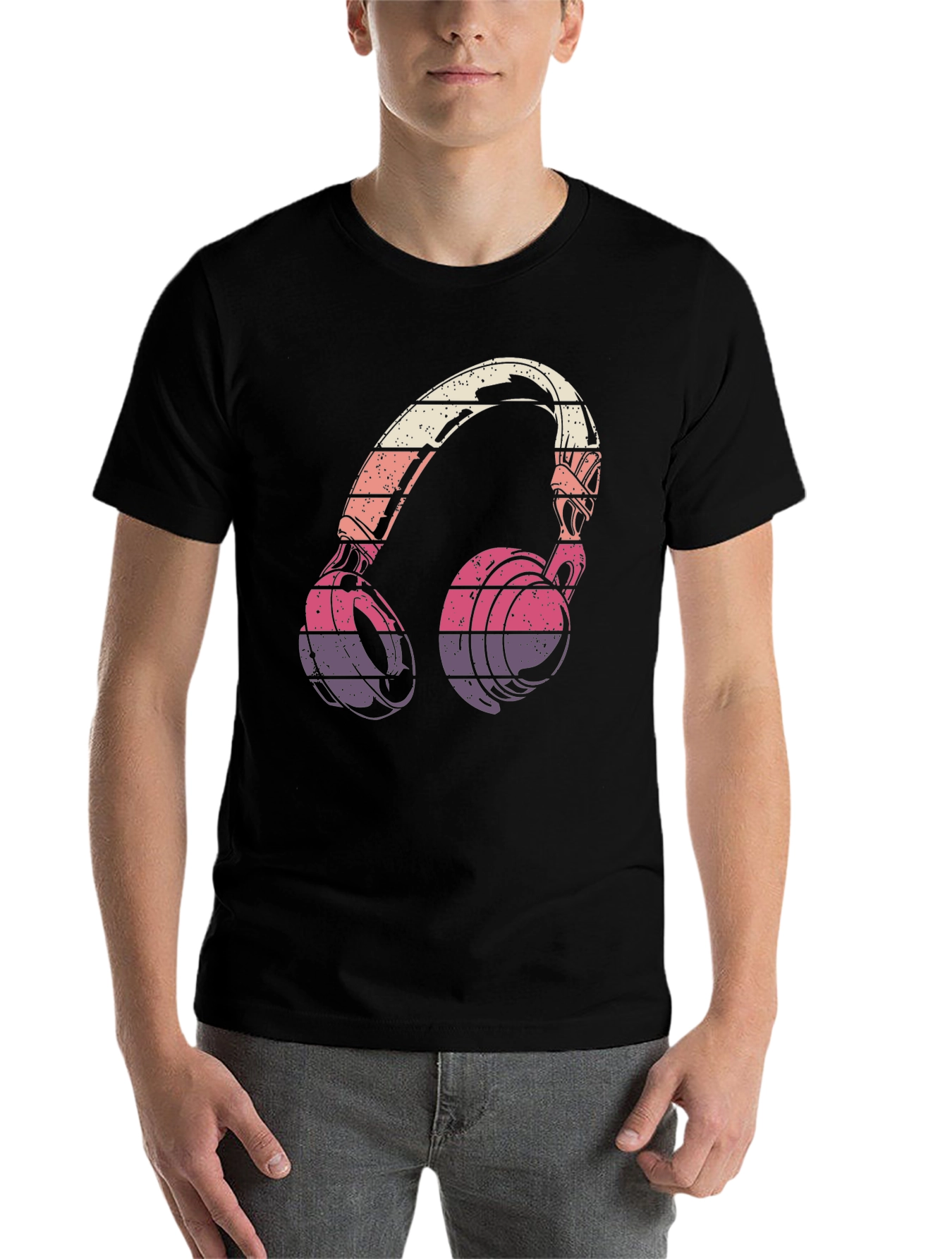 Black Retro Headphones Graphic T-Shirt view 7