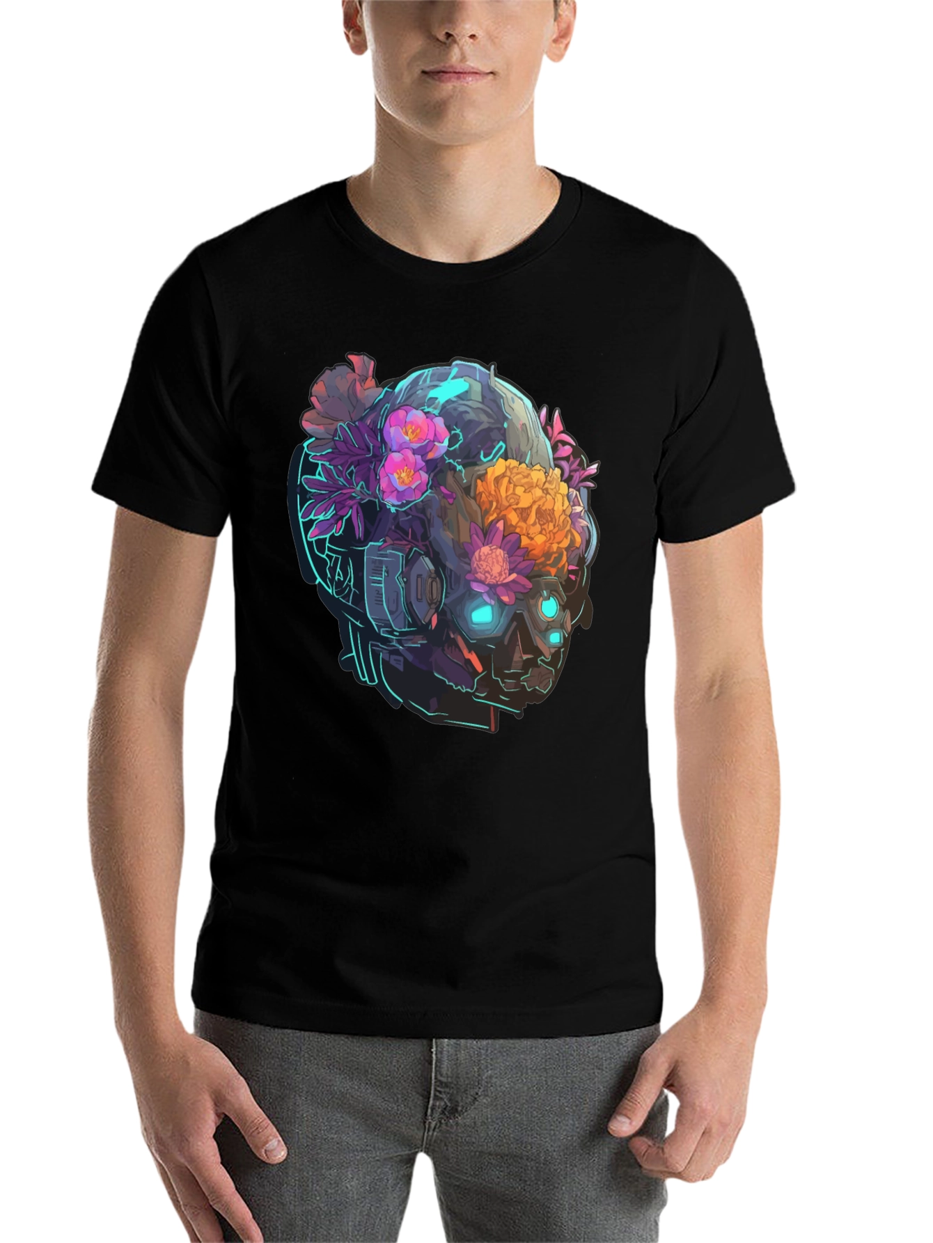 Black Floral Cyberpunk Skull T-Shirt - Unique Graphic Tee view 7