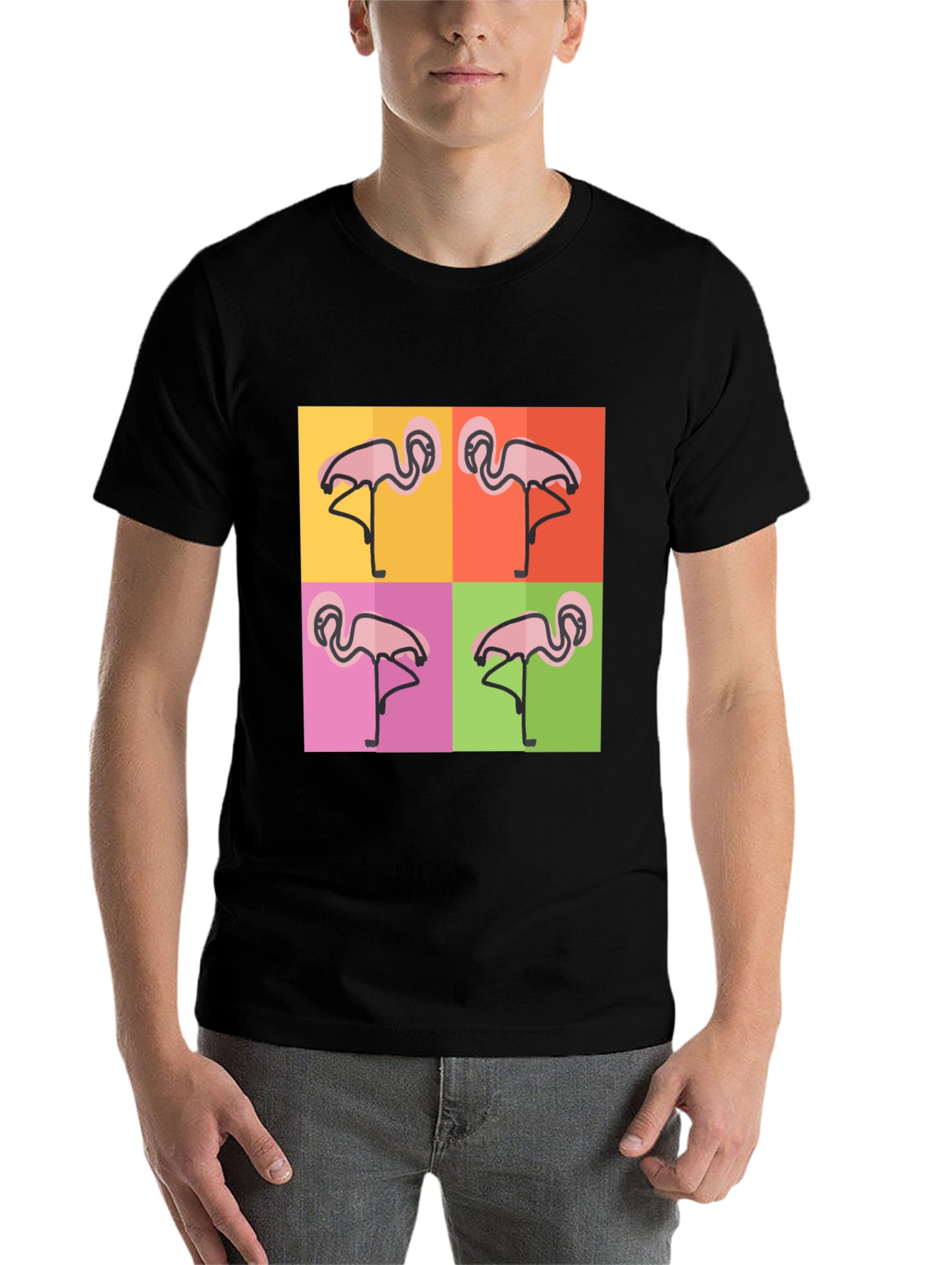 Black Funky Flamingo Pop Art Black T-Shirt view 7