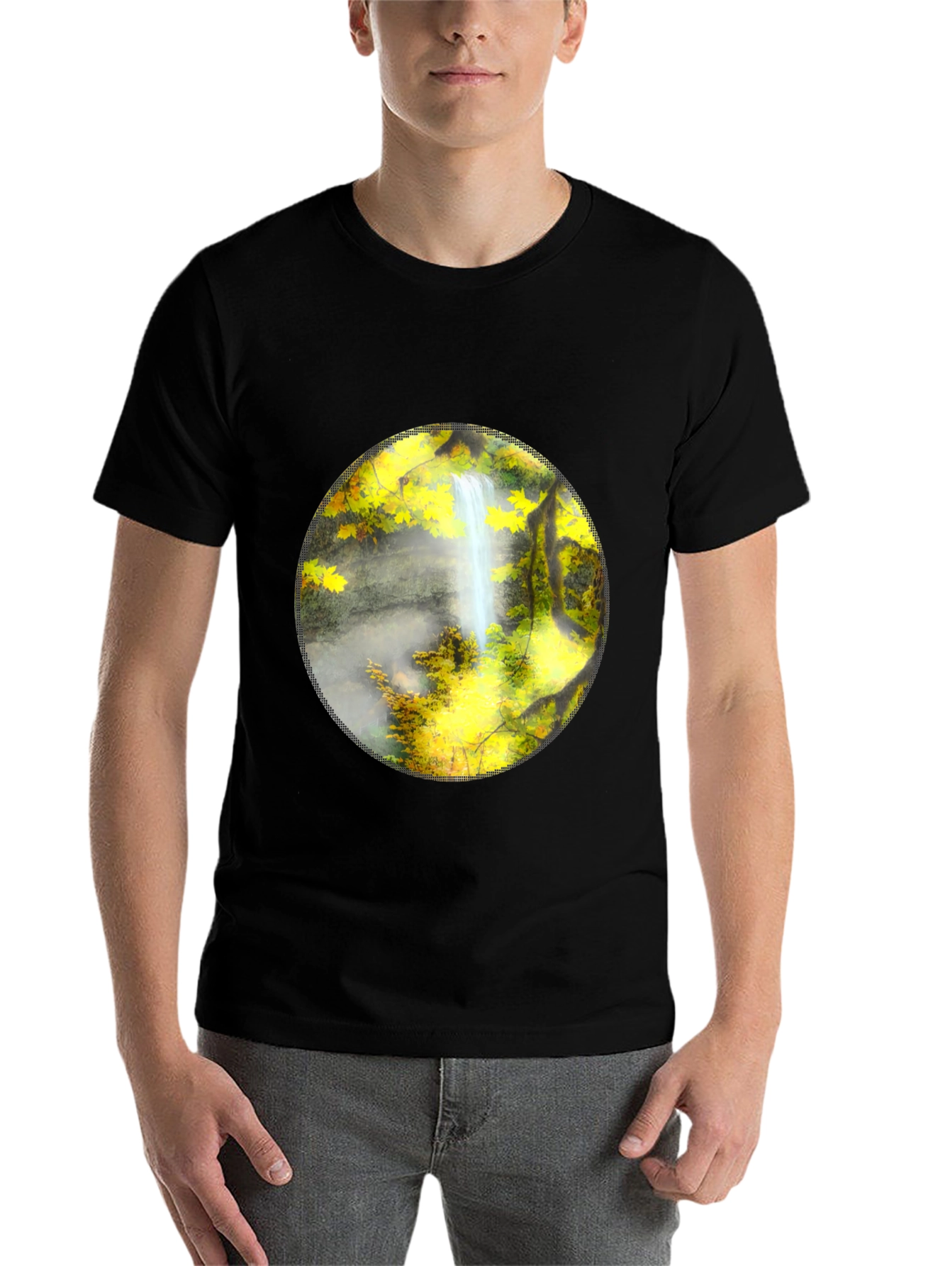 Black Waterfall Graphic Tee - Nature Lover's Black T-Shirt view 7