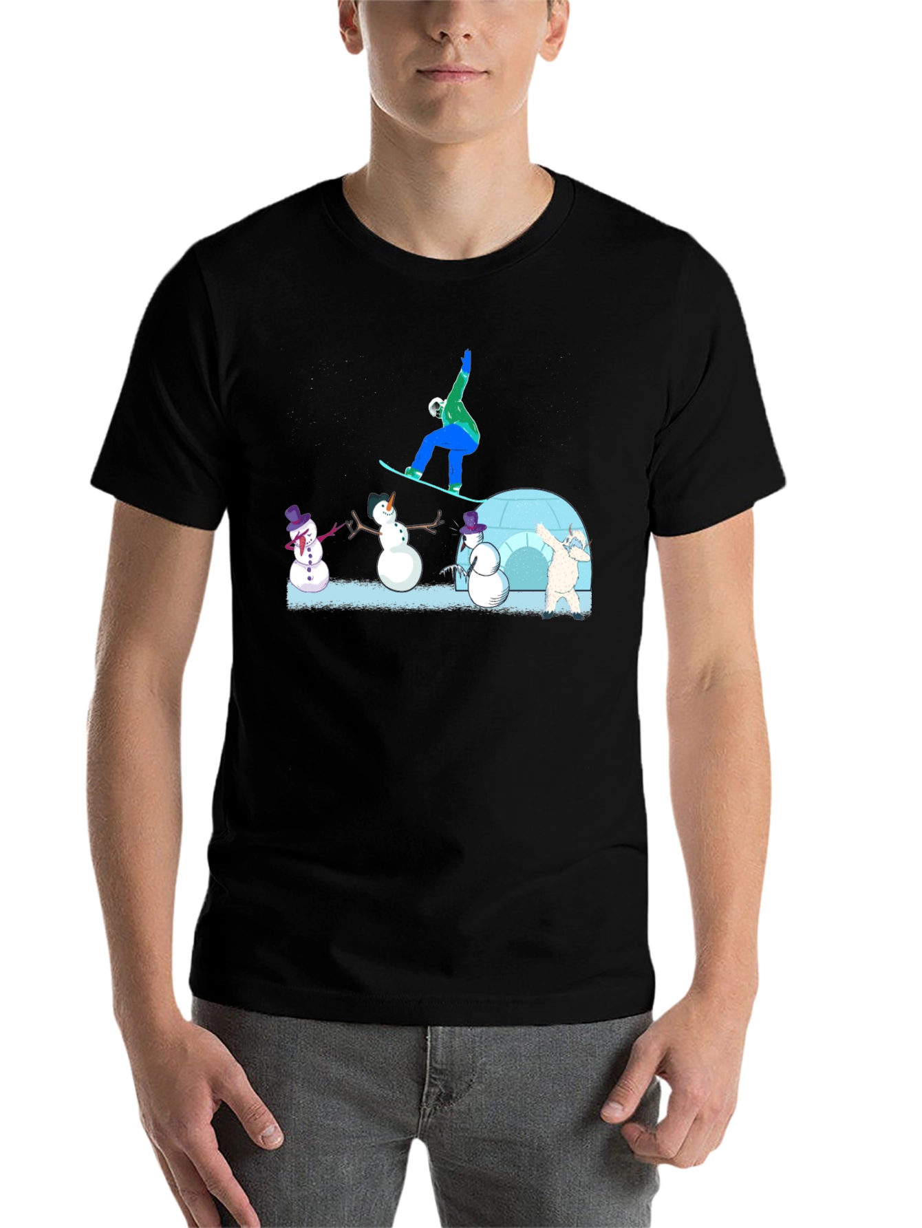 Black Snowboarder and Snowmen Graphic T-Shirt view 7