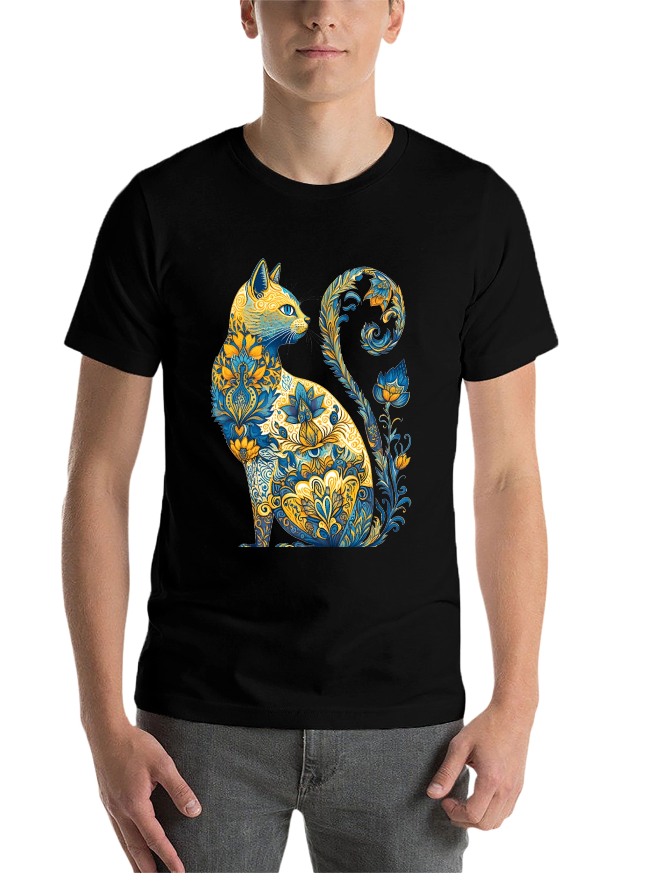 Black Floral Cat Graphic T-Shirt - Unique Design view 7