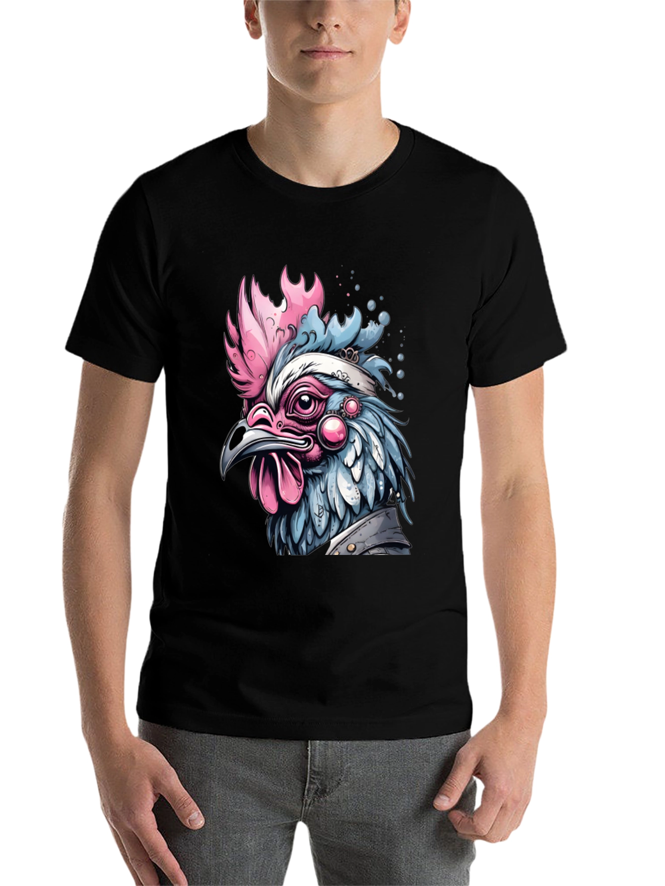 Black Artistic Chicken Graphic T-Shirt view 7