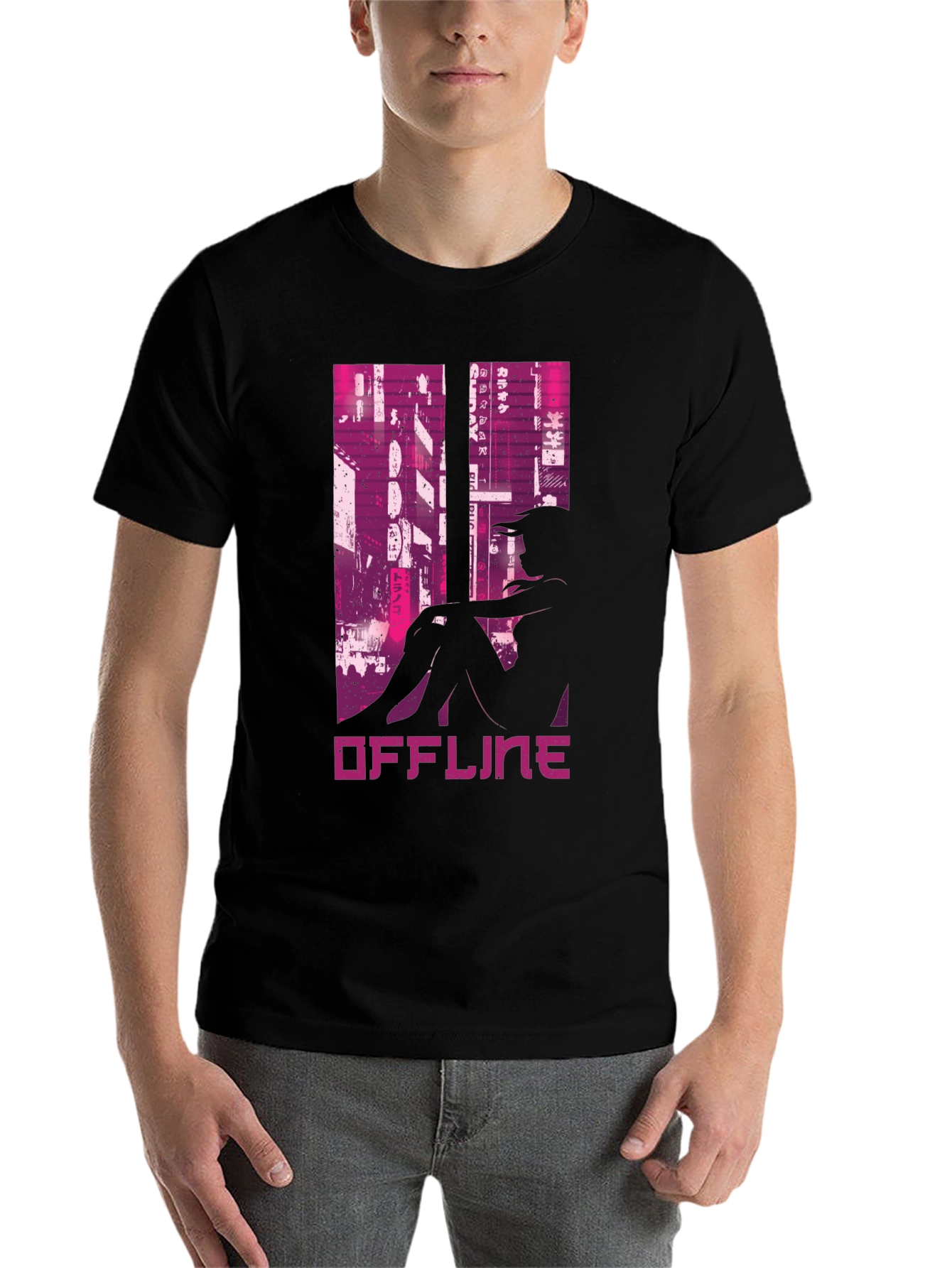 Black Offline Cyberpunk Style Graphic Tee view 7