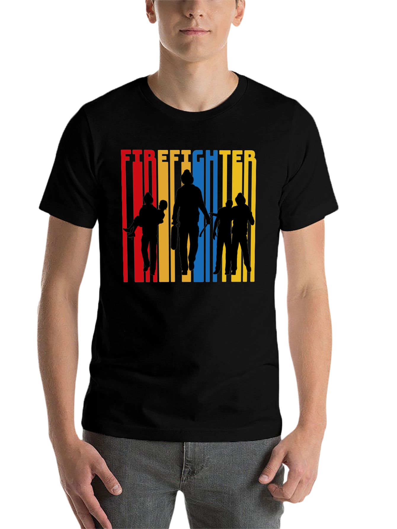 Black Firefighter Silhouette Graphic Tee - Crew Neck Cotton T-Shirt view 7