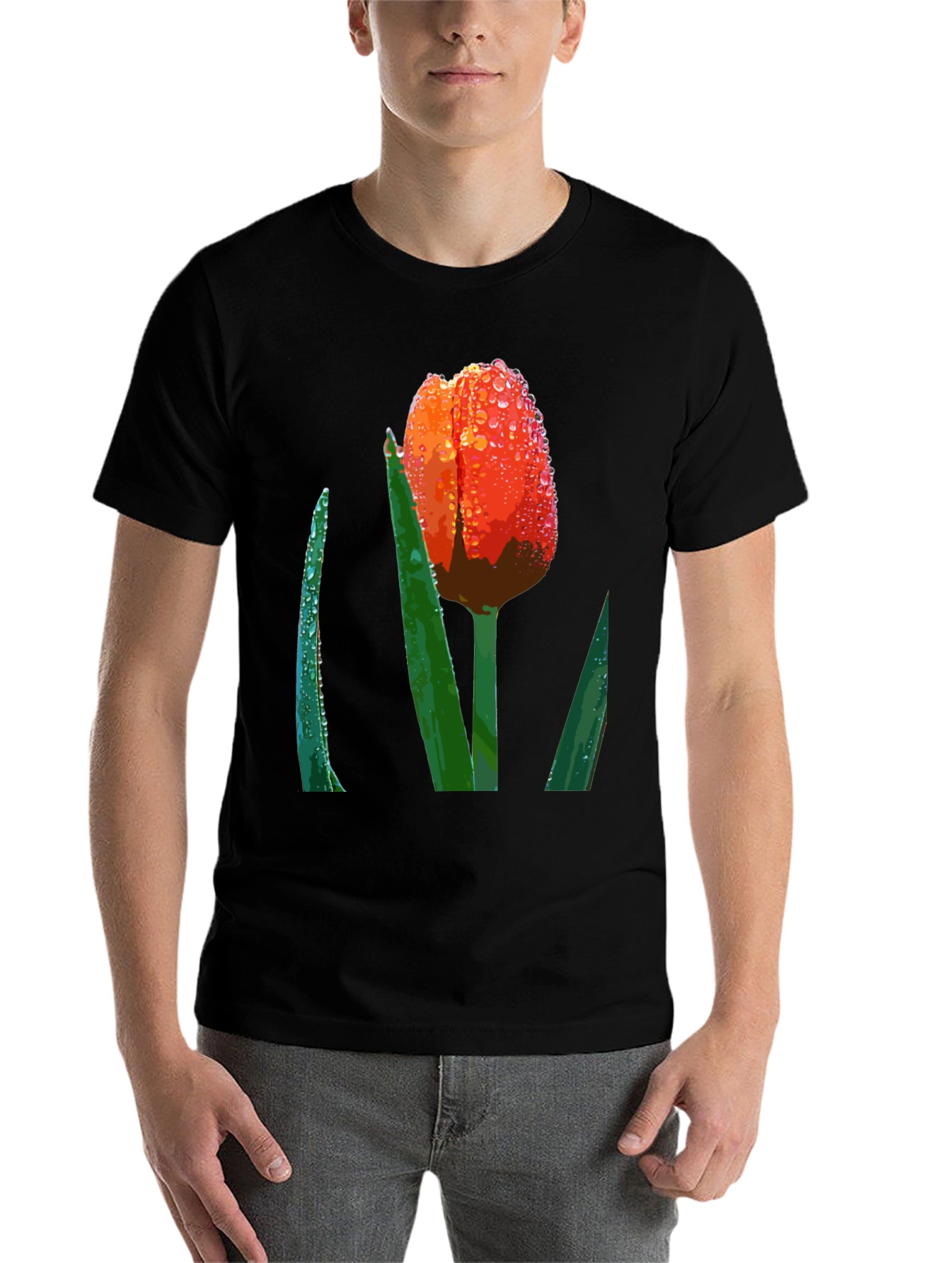 Black Tulip Dewdrop Graphic Tee - Unique Floral Design view 7