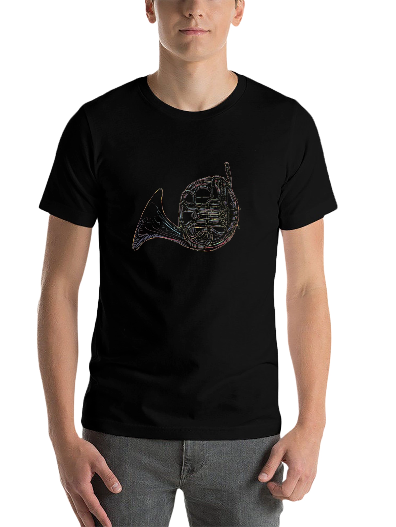 Black French Horn Outline Tee - Music Lover's T-Shirt view 7