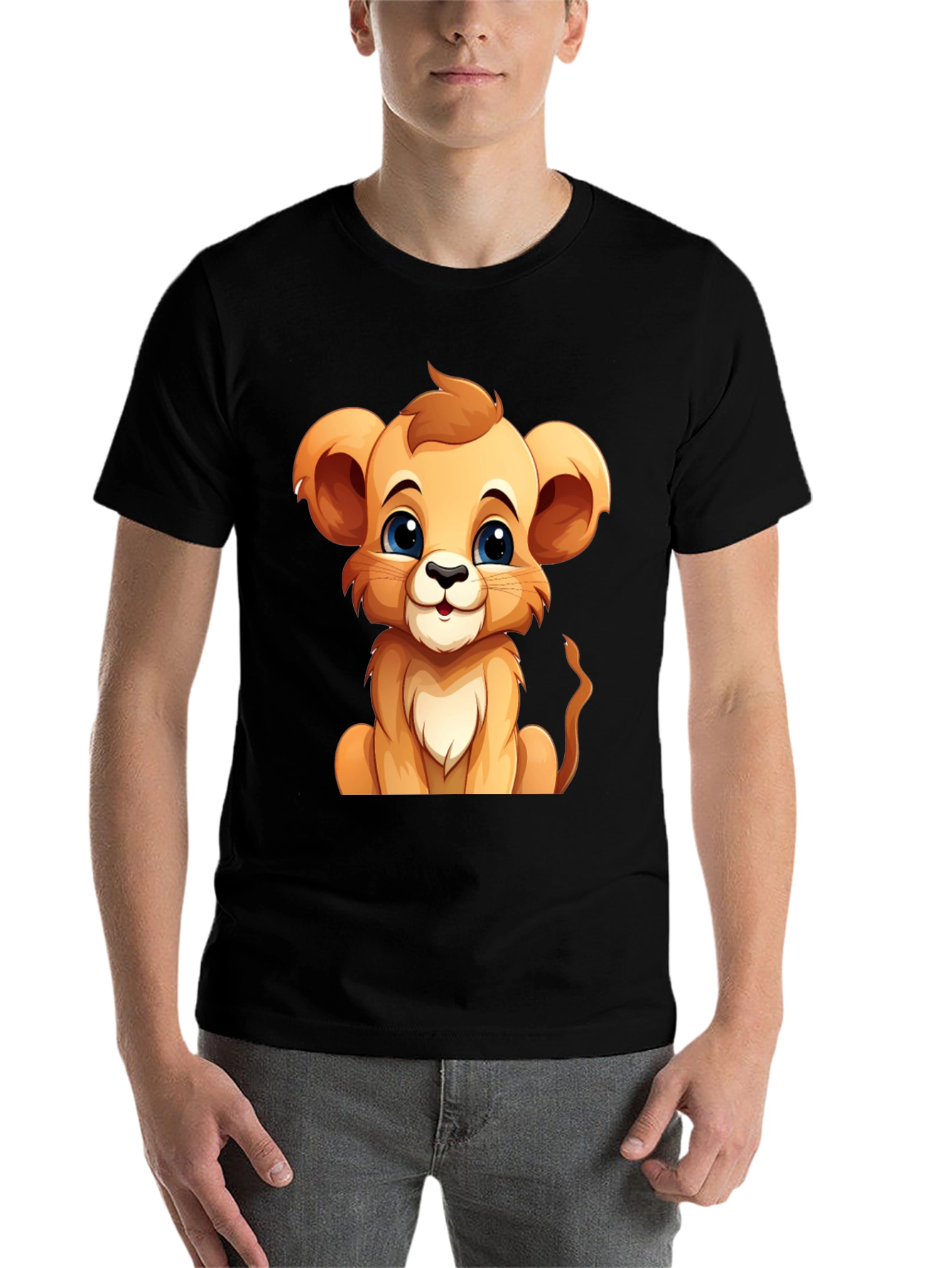 Black Cute Lion Cub Graphic Tee - Black Cotton T-Shirt view 7