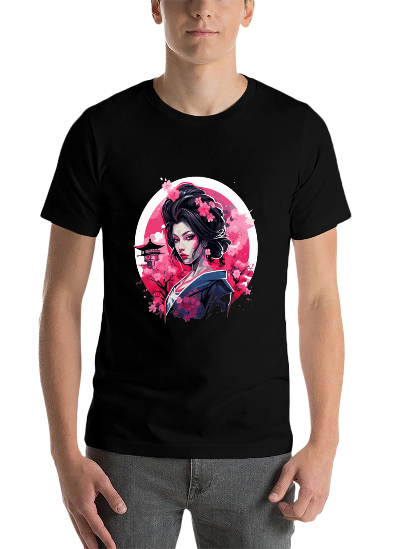 Black Geisha Cherry Blossom Black T-Shirt view 7