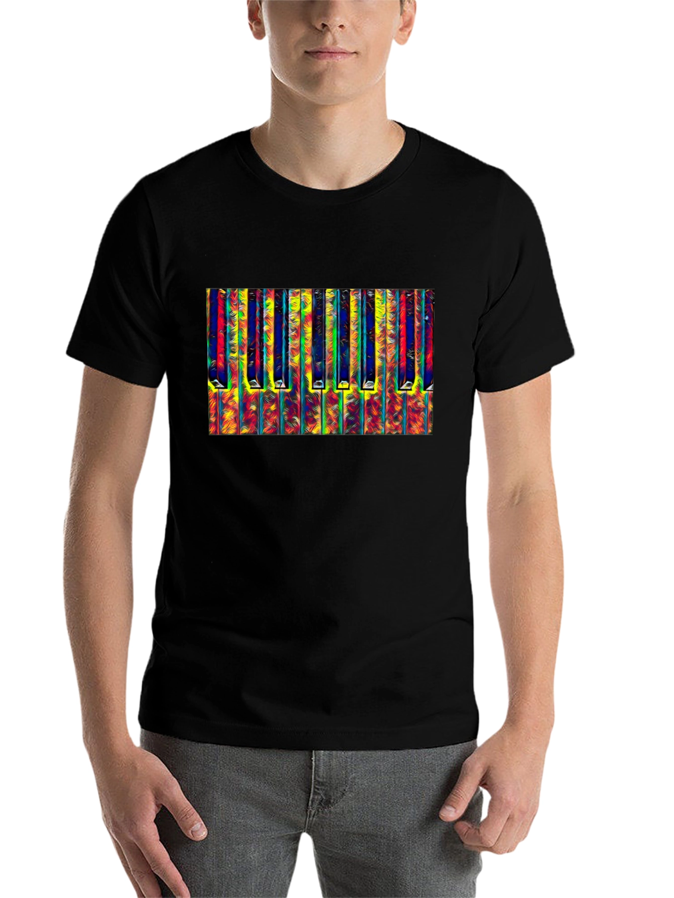 Black Abstract Piano Keys Graphic Tee - Black Cotton T-Shirt view 7