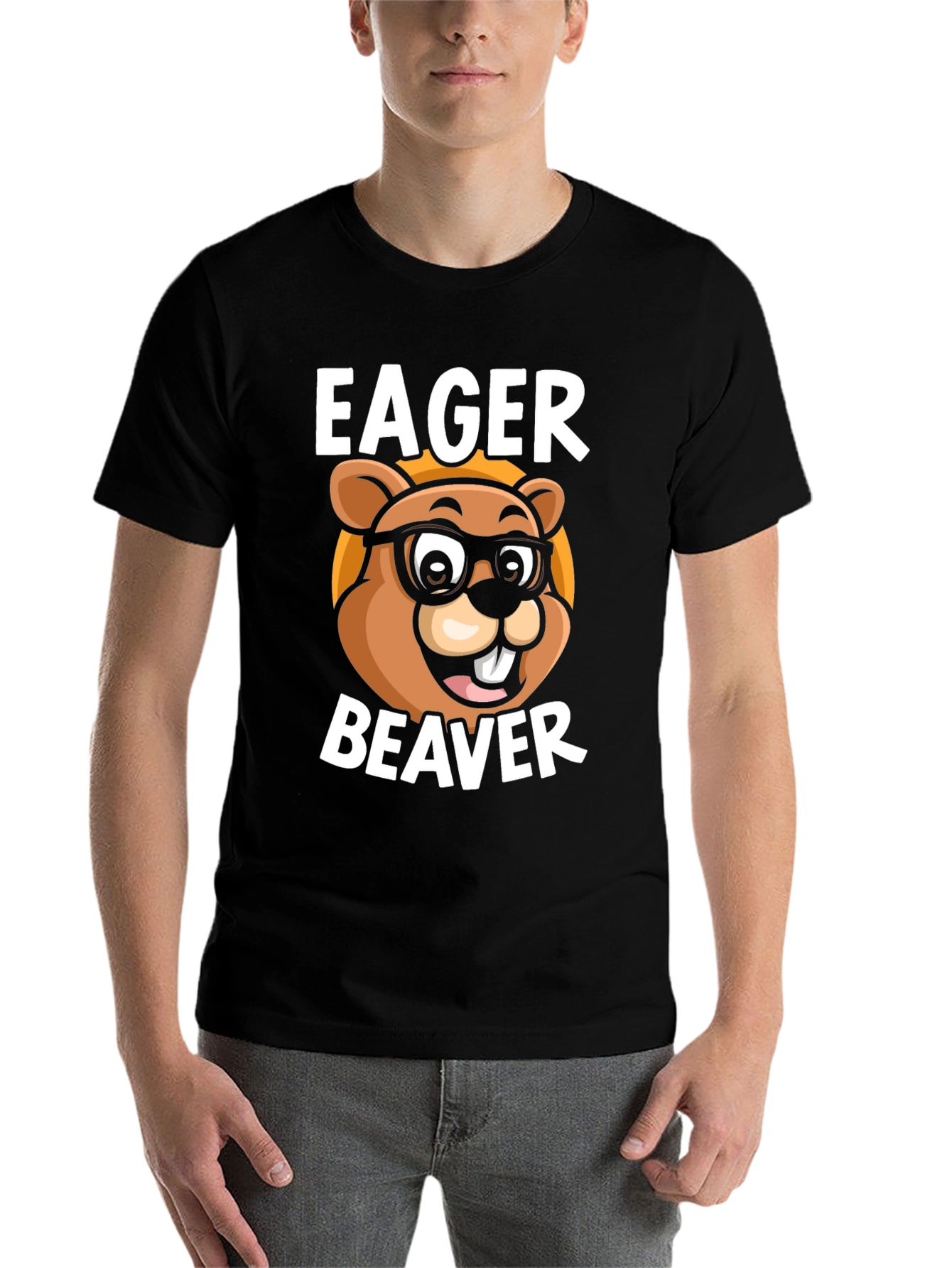 Black Eager Beaver Cartoon Graphic T-Shirt view 7