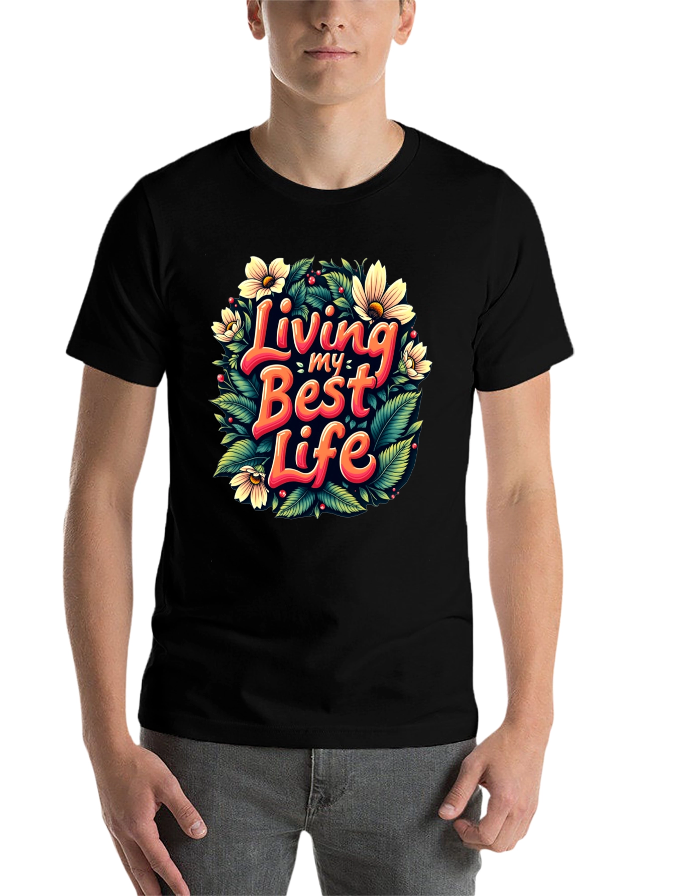 Black Living My Best Life T-Shirt - Floral Design view 7