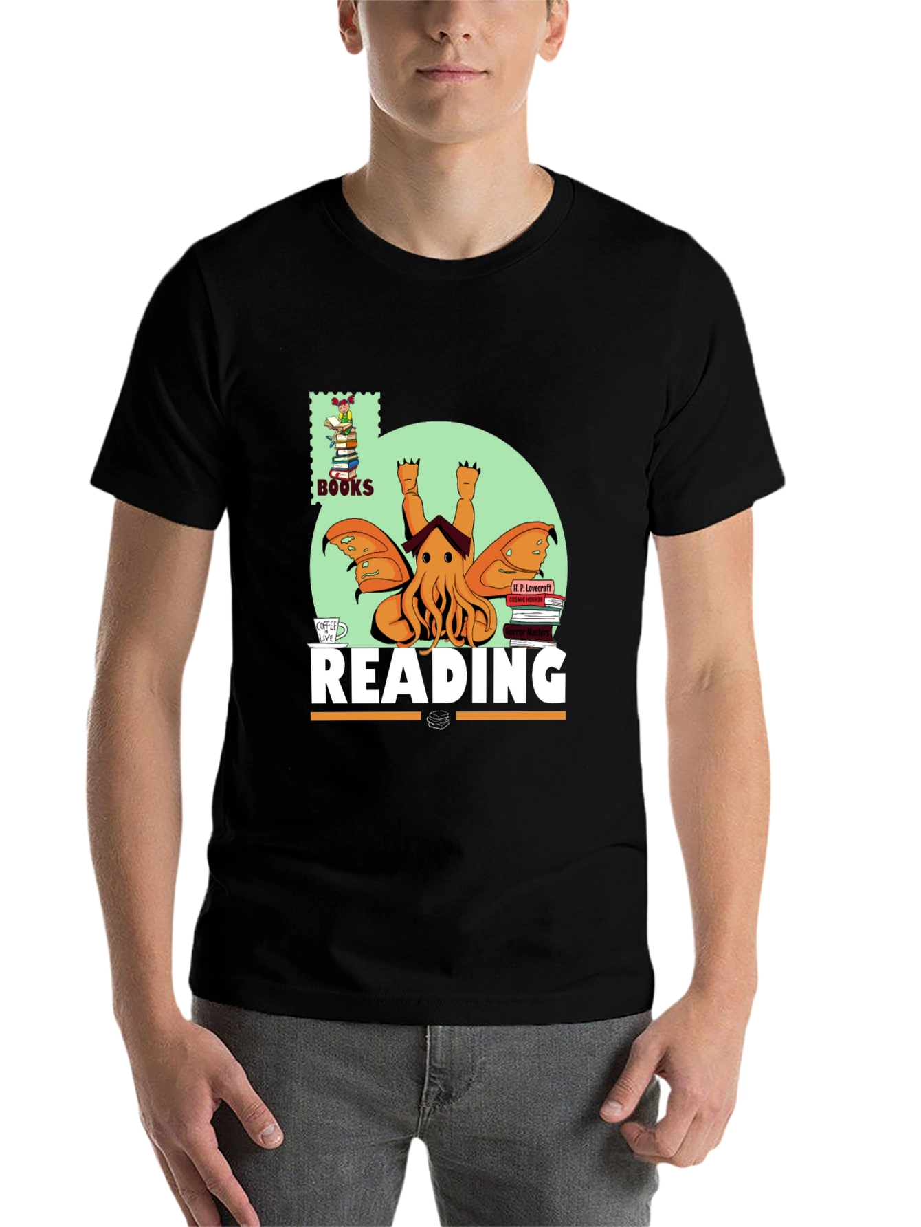 Black Lovecraft Reading T-Shirt - Cthulhu Book Lover view 7