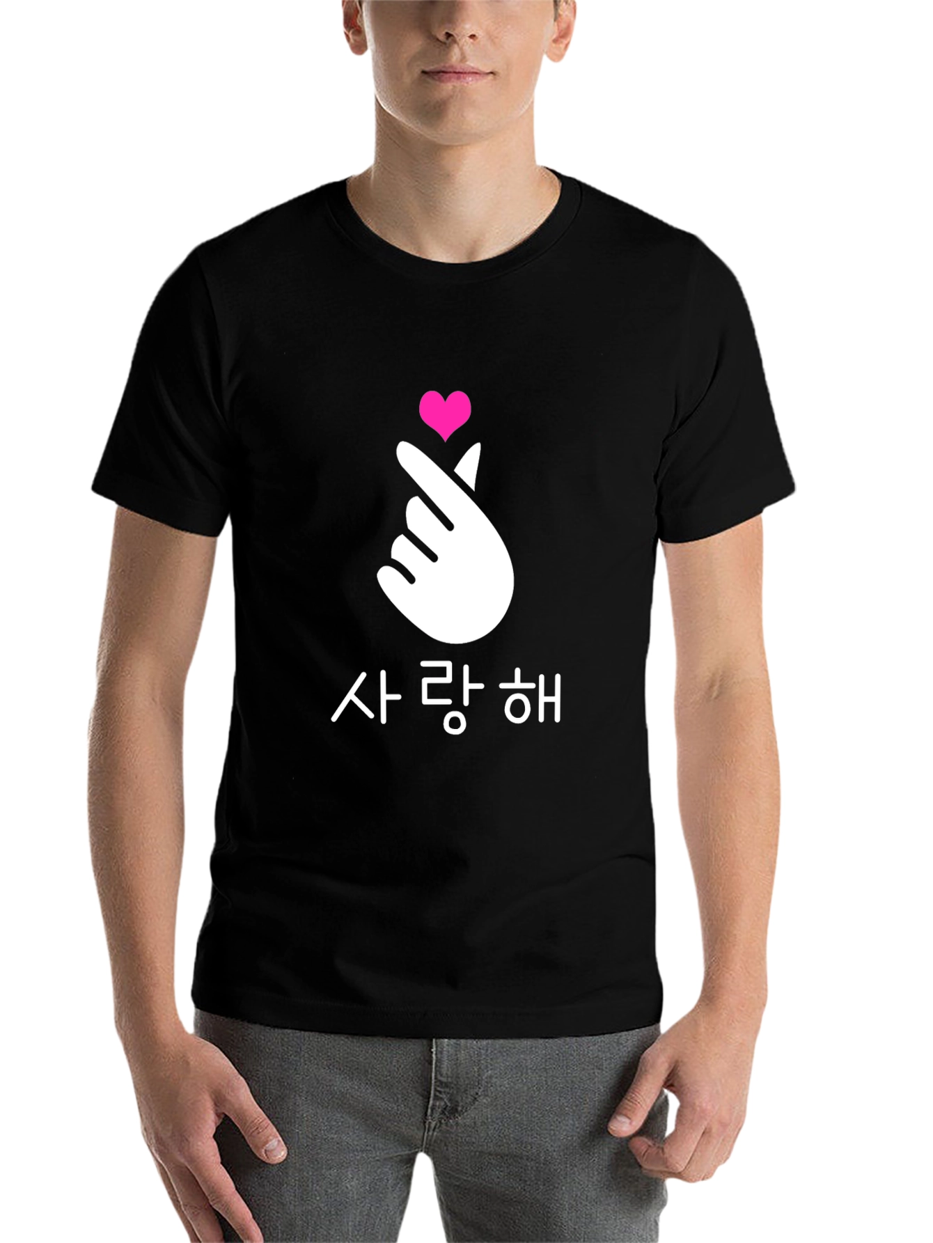 Black Finger Heart Korean Love T-Shirt view 7