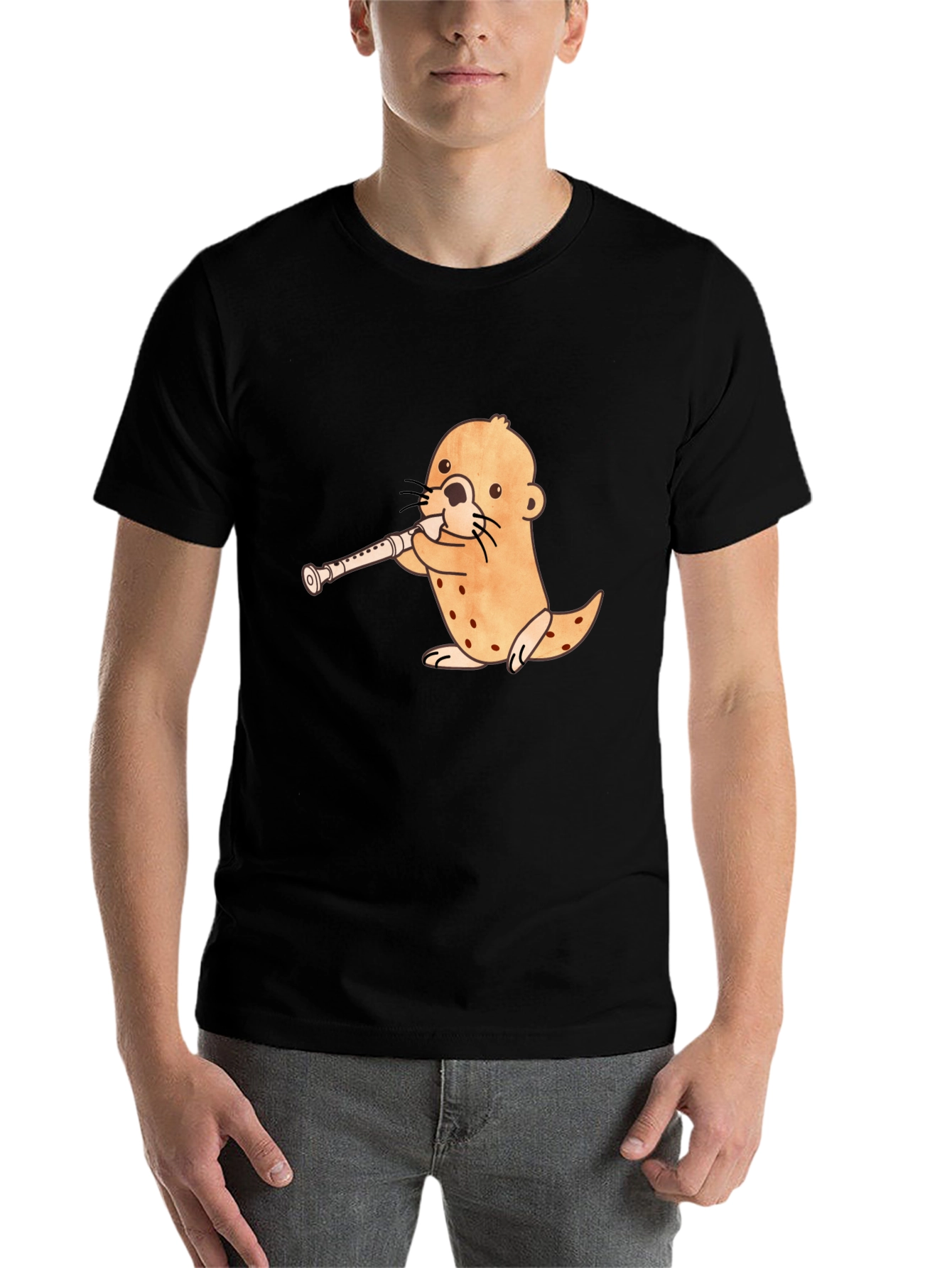 Black Funny Otter Playing Flute Black T-Shirt view 7