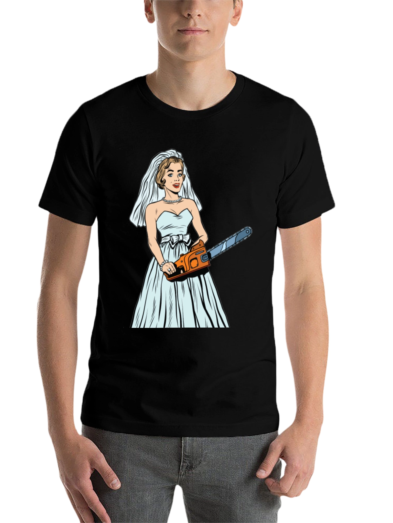 Black Bride with Chainsaw Graphic T-Shirt view 7