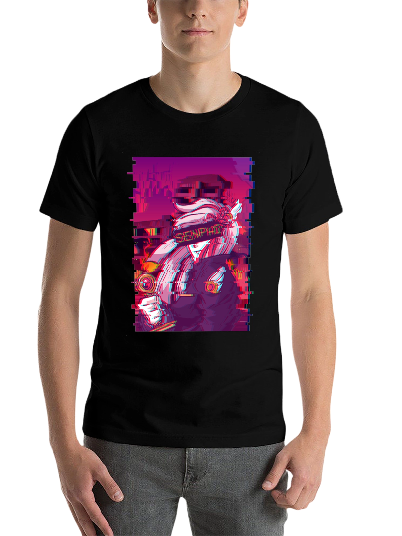 Black Anime Glitch Aesthetic Graphic Tee - Black view 7