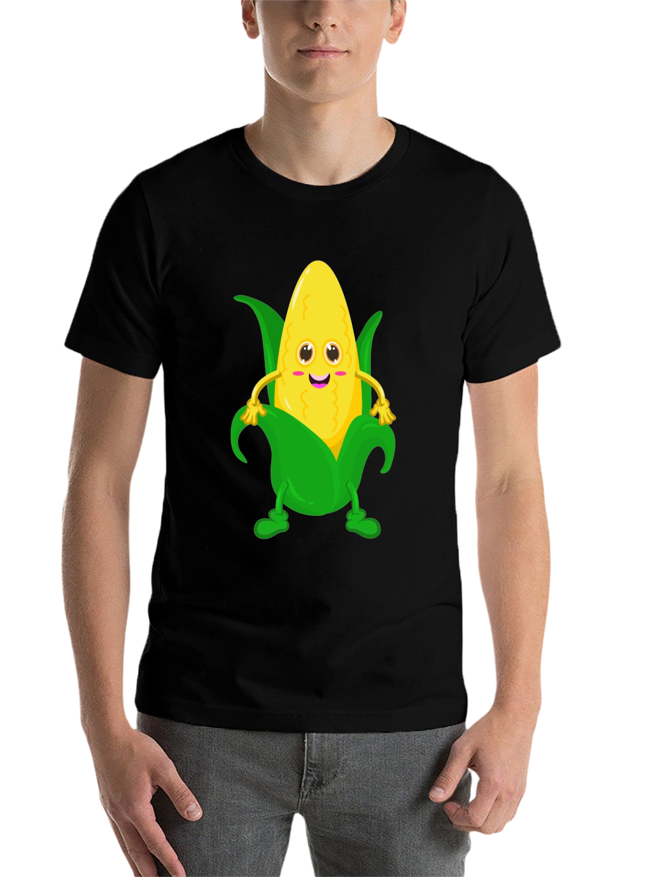 Black Funny Corn Cartoon Graphic Tee - Black Cotton T-Shirt view 7