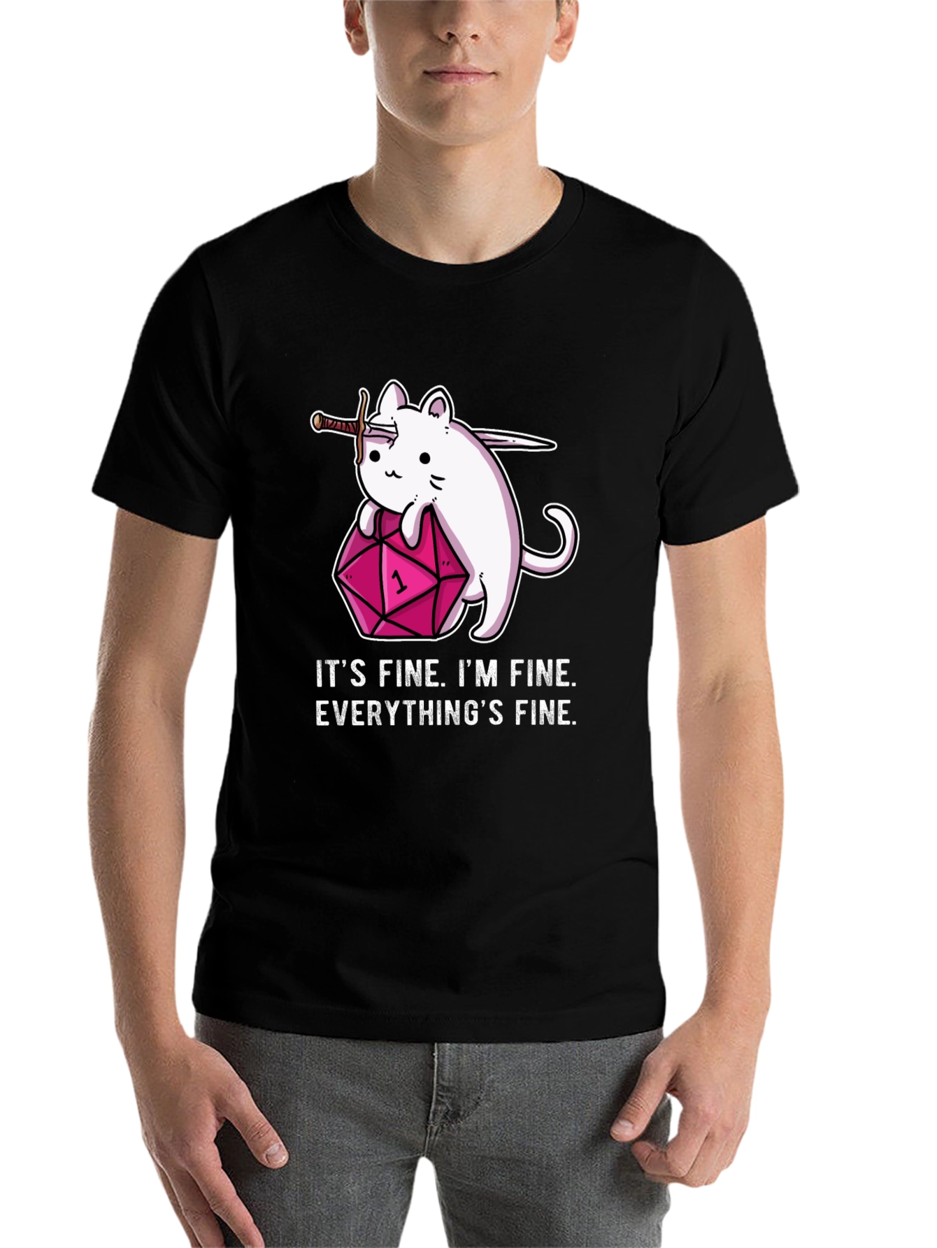 Black It's Fine Cat D&D T-Shirt view 7