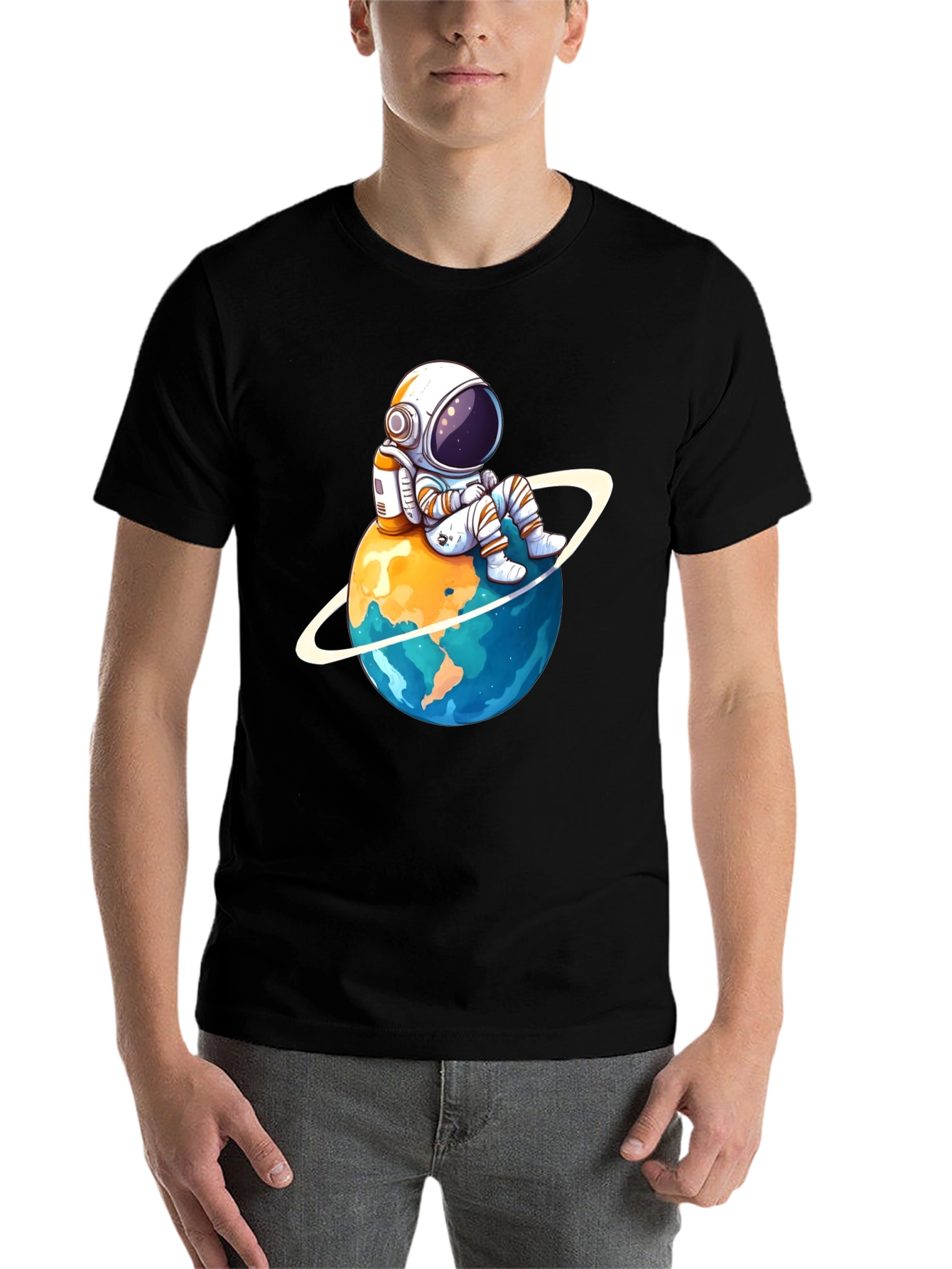 Black Astronaut on Planet T-Shirt - Black Cotton Graphic Tee view 7