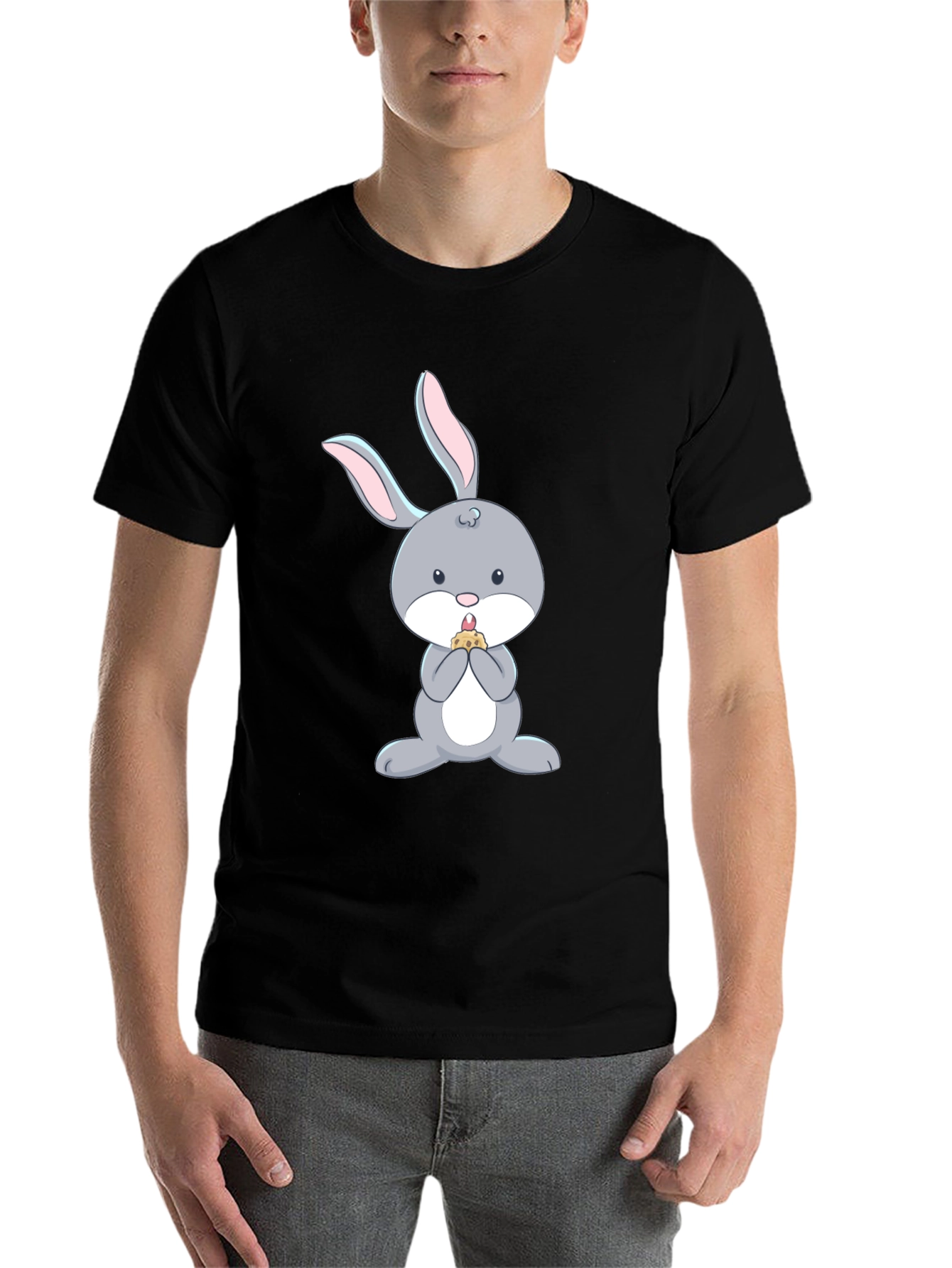 Black Cute Bunny Eating T-Shirt - Black Cotton Tee view 7