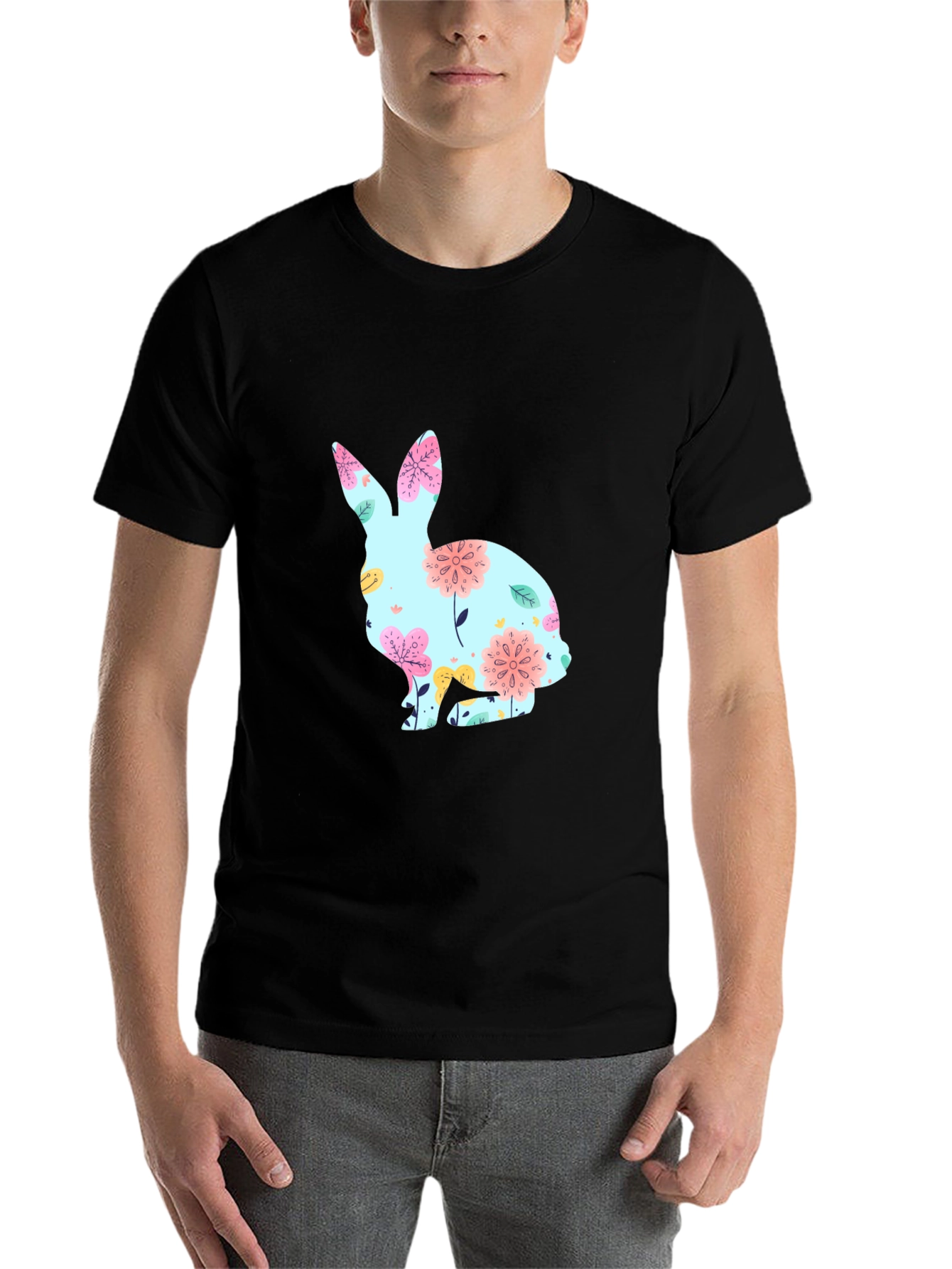 Camiseta Negra con Conejo Floral para Pascua