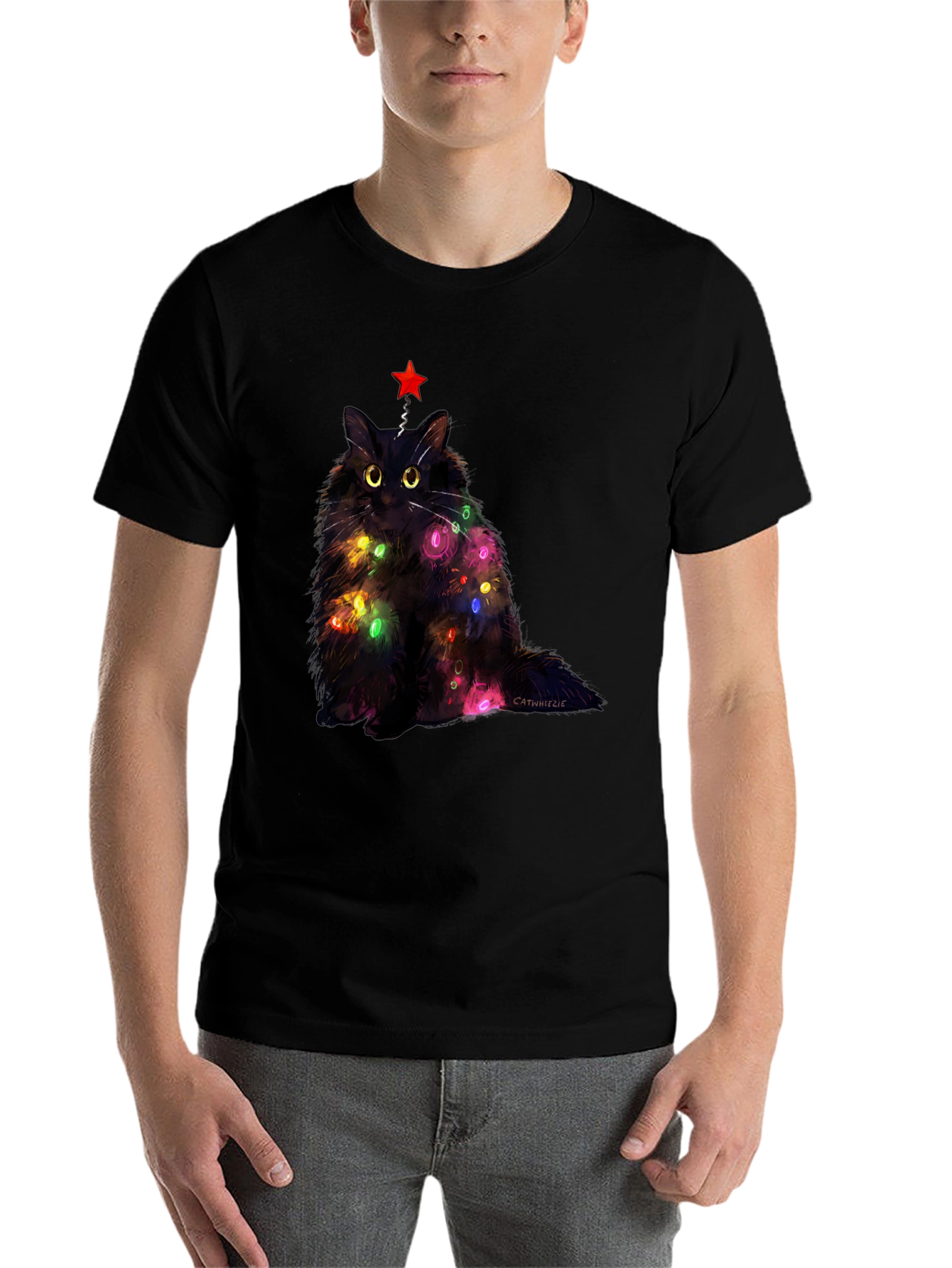 Black Festive Feline T-Shirt: Christmas Cat with Lights view 7