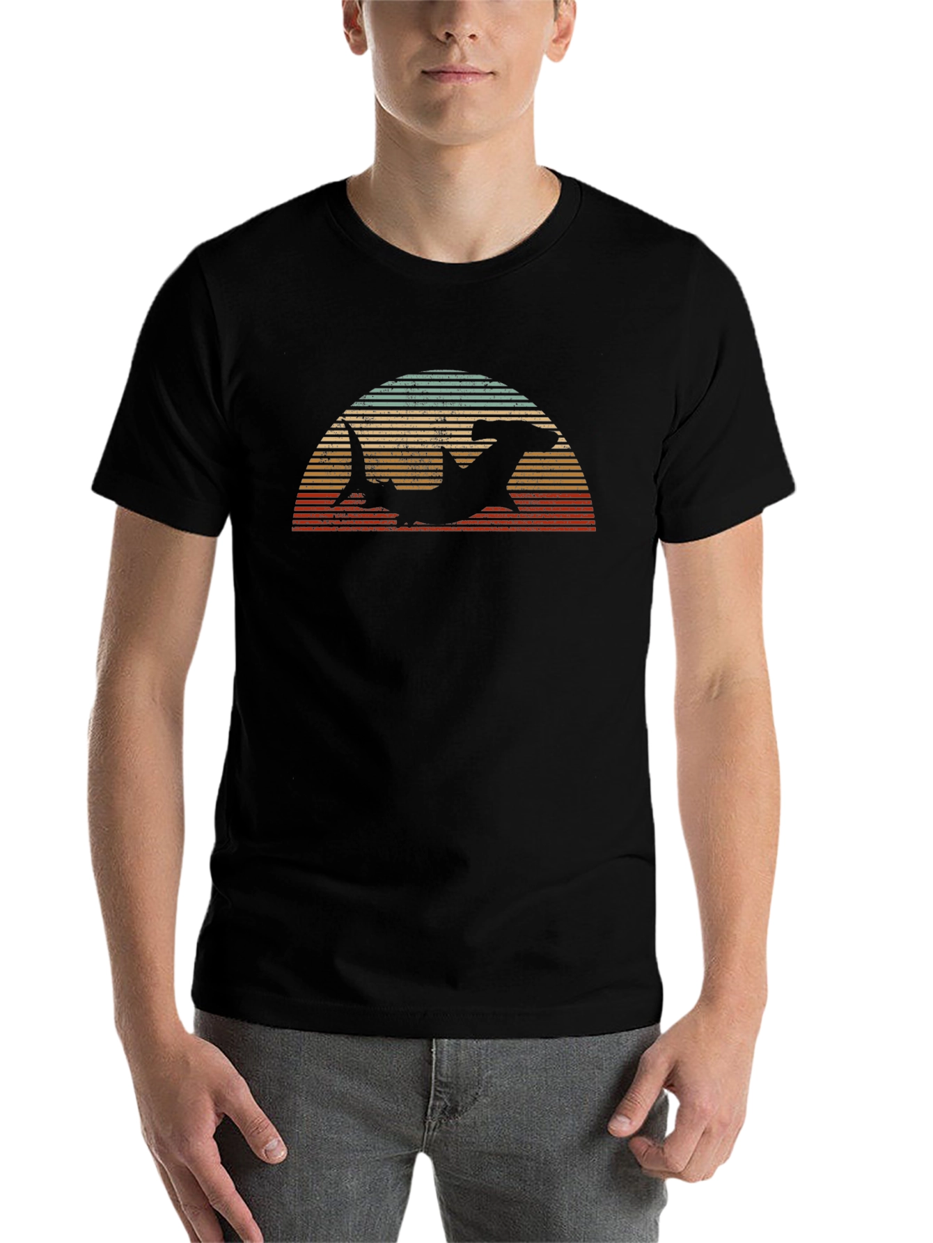 Black Hammerhead Shark Retro Sunset T-Shirt view 7