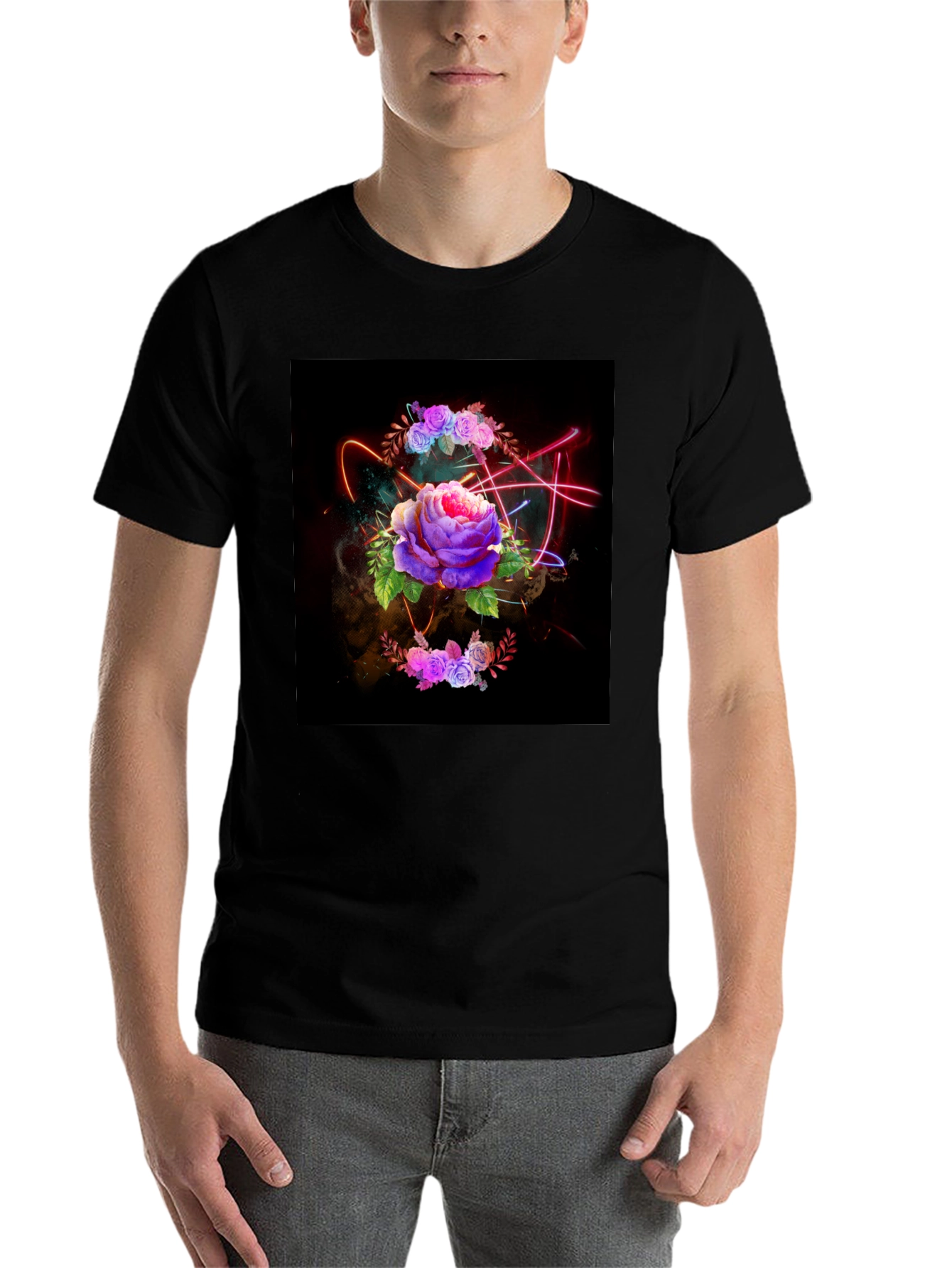Black Floral Neon T-Shirt - Artistic Dark Design view 7