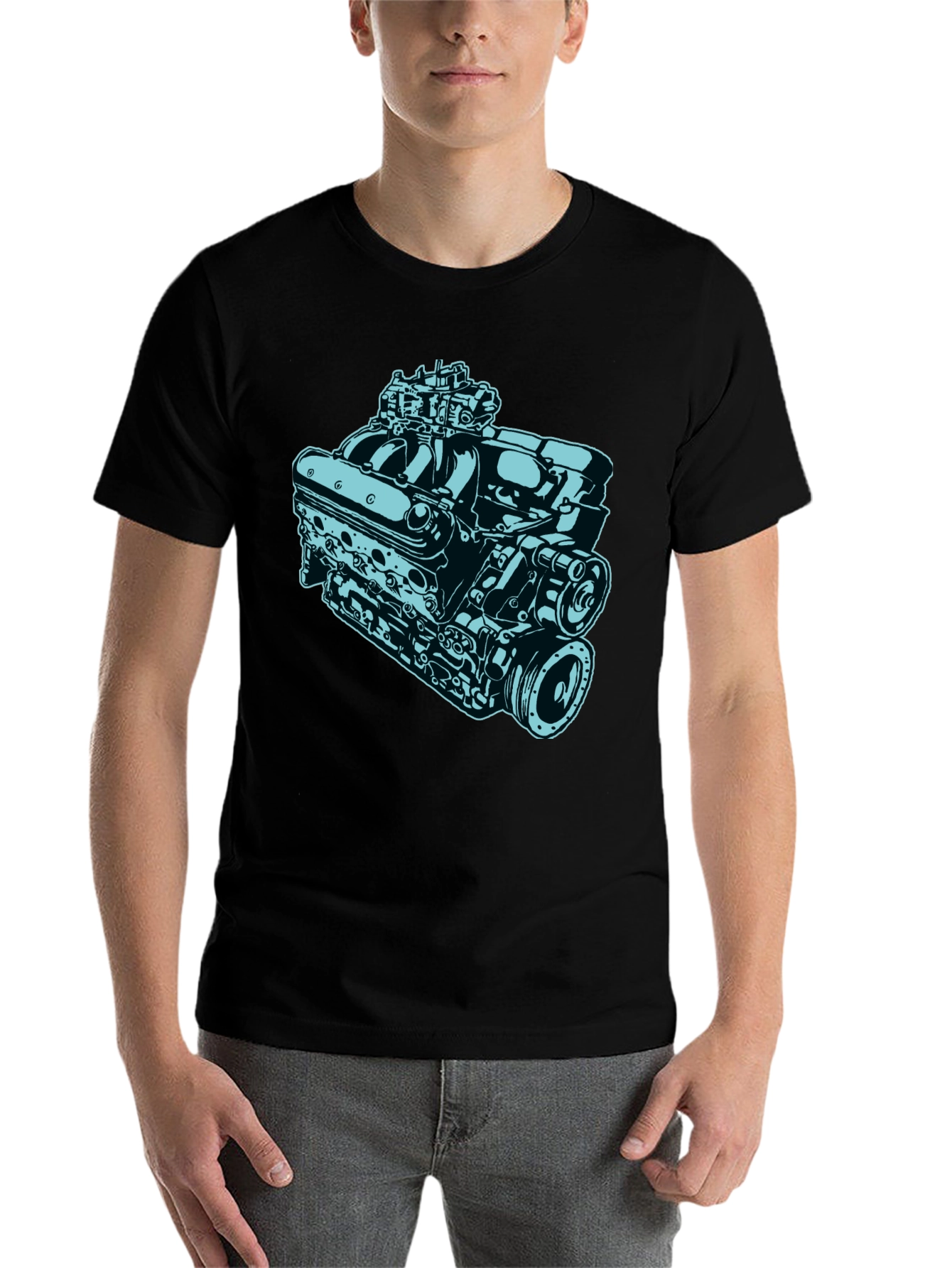 Black Car Engine Graphic Tee - Black Cotton Short Sleeve Shirt view 7