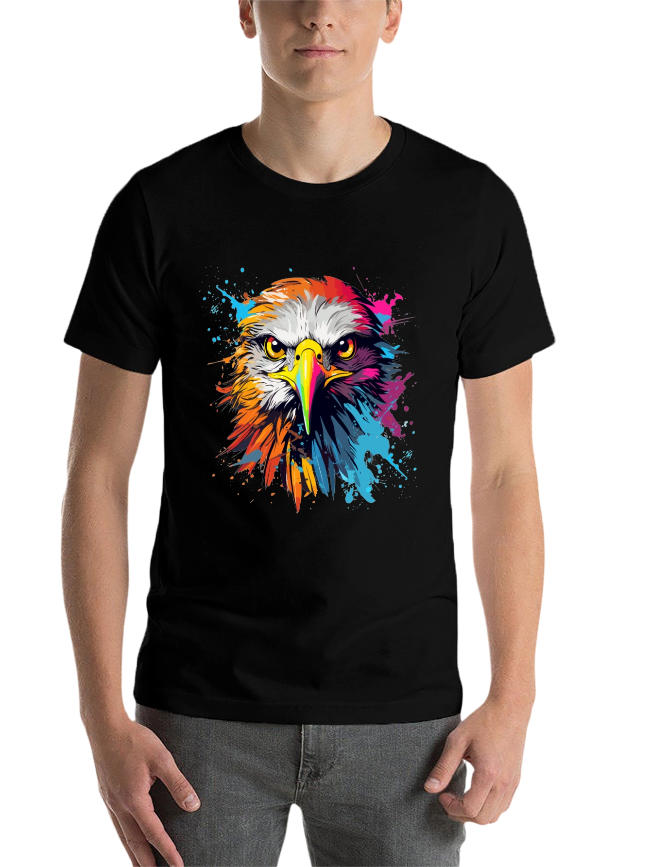 Black Vibrant Eagle Graphic Tee - Bold Black Cotton T-Shirt view 7