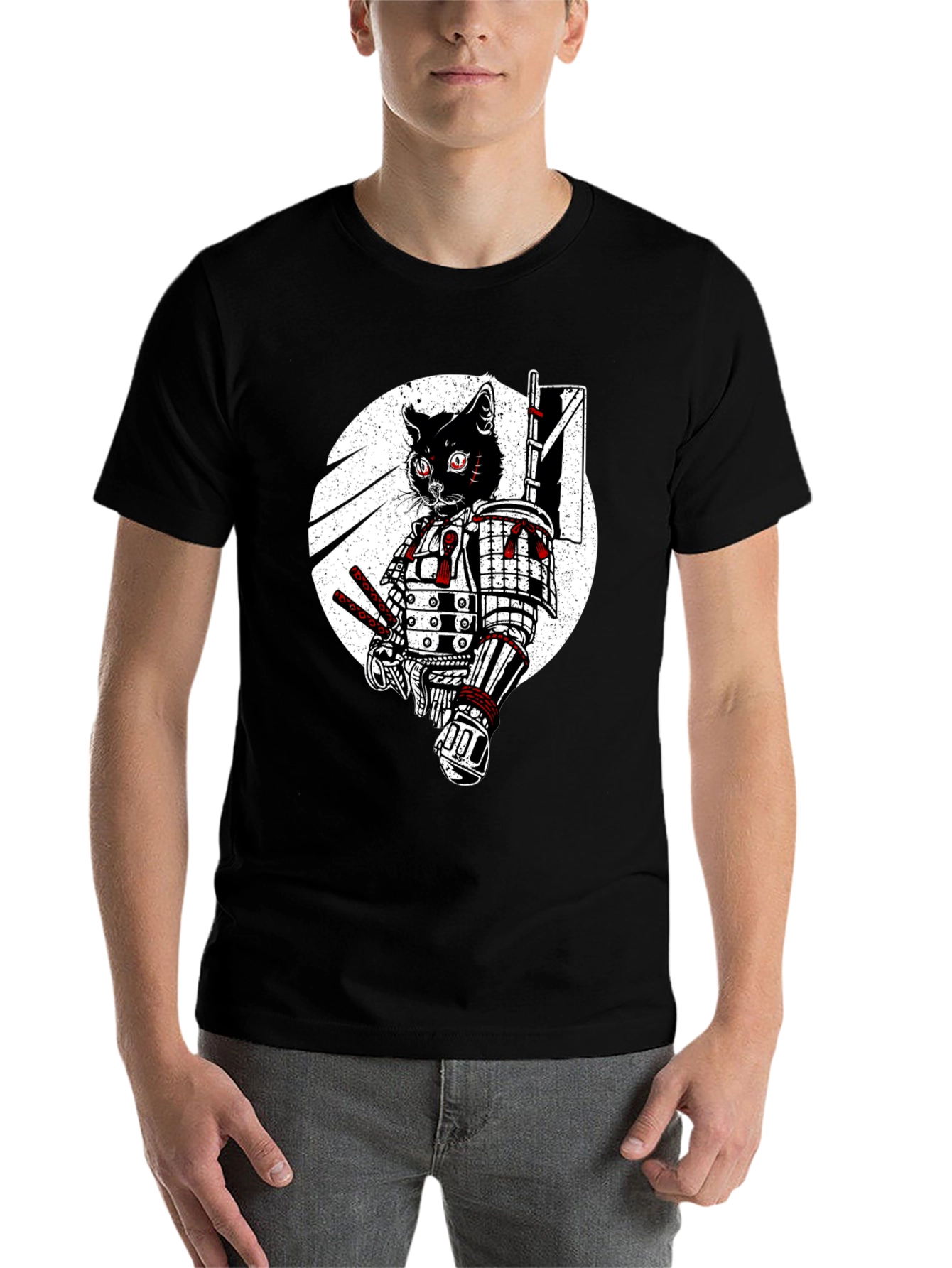 Black Samurai Cat Graphic Tee - Black Cotton T-Shirt view 7