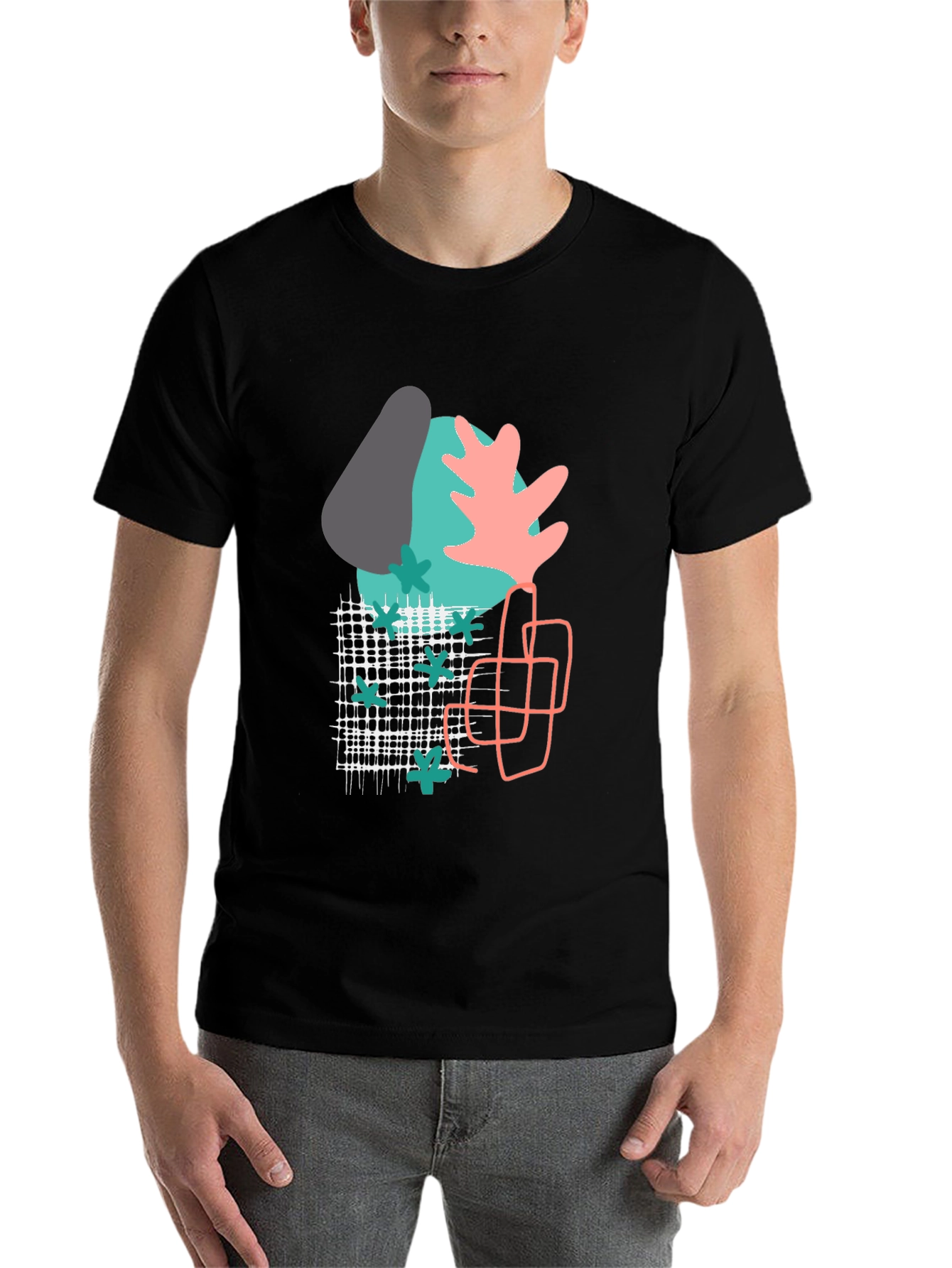 Black Abstract Geometric Print Black T-Shirt view 7