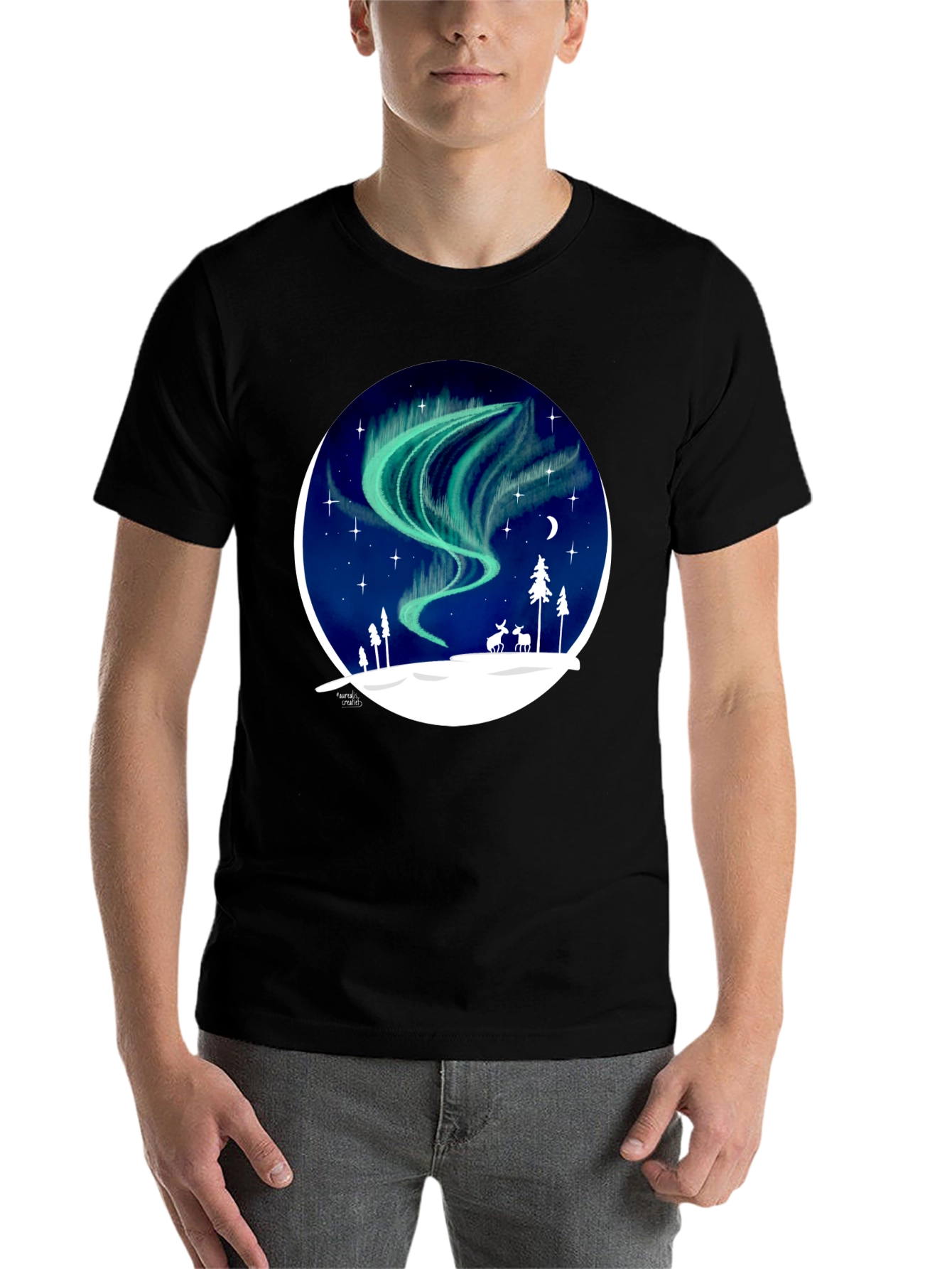 Black Northern Lights T-Shirt: Unique Winter Scene Design view 7