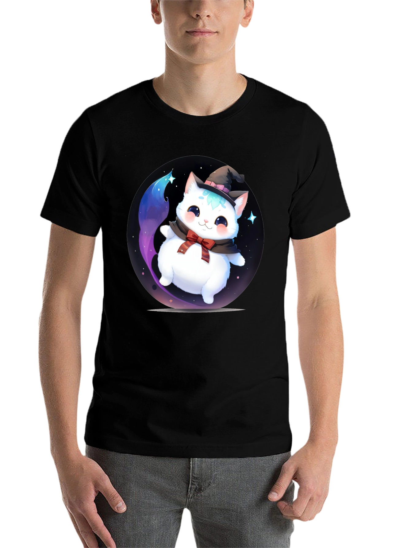 Black Cute Cat Wizard Graphic Tee - Soft Cotton Blend T-Shirt view 7