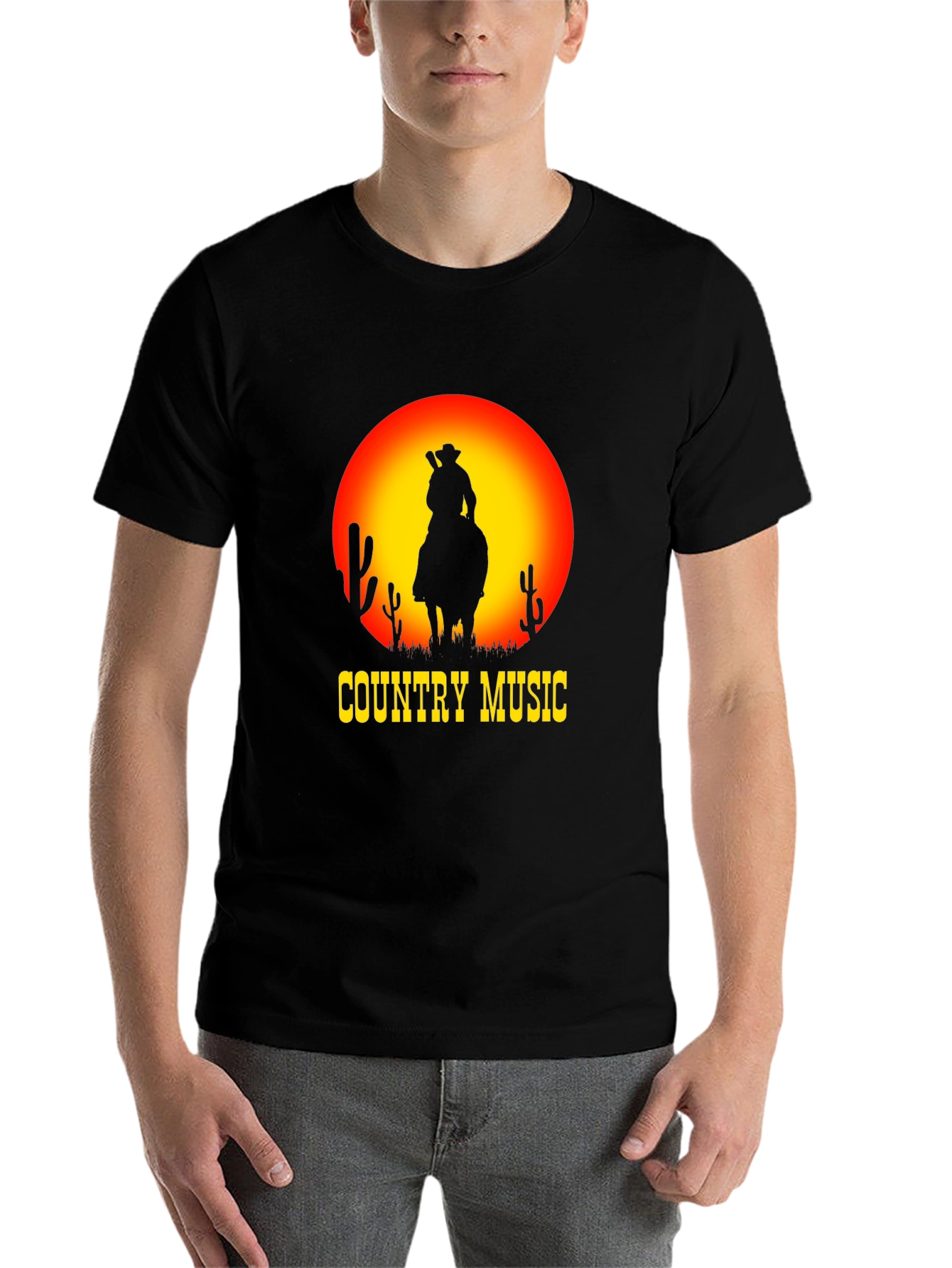 Black Country Music Sunset Cowboy Black T-Shirt view 7