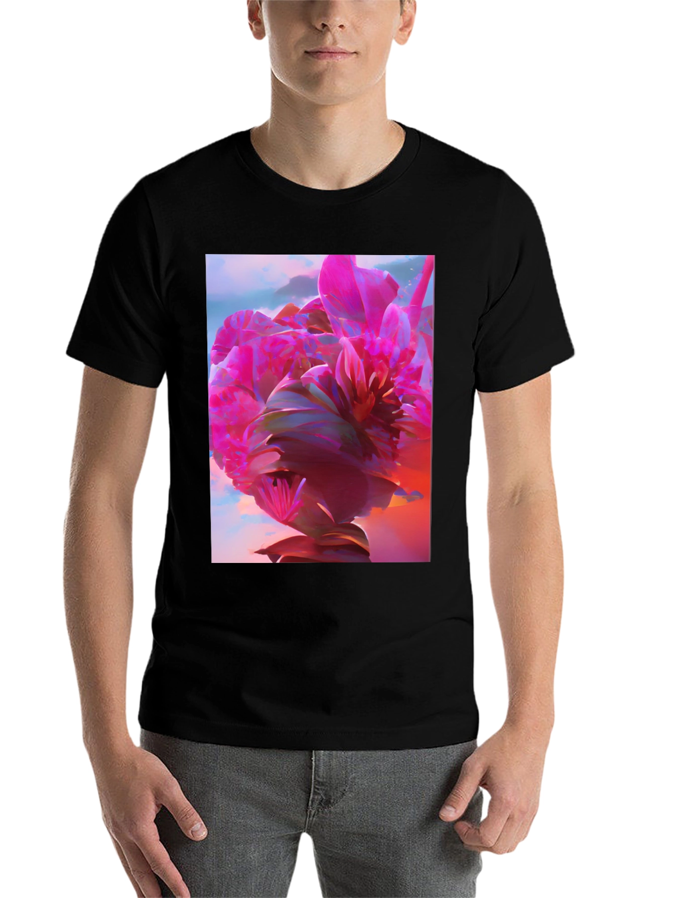 Black Floral Graphic Tee - Abstract Pink Flower Design view 7