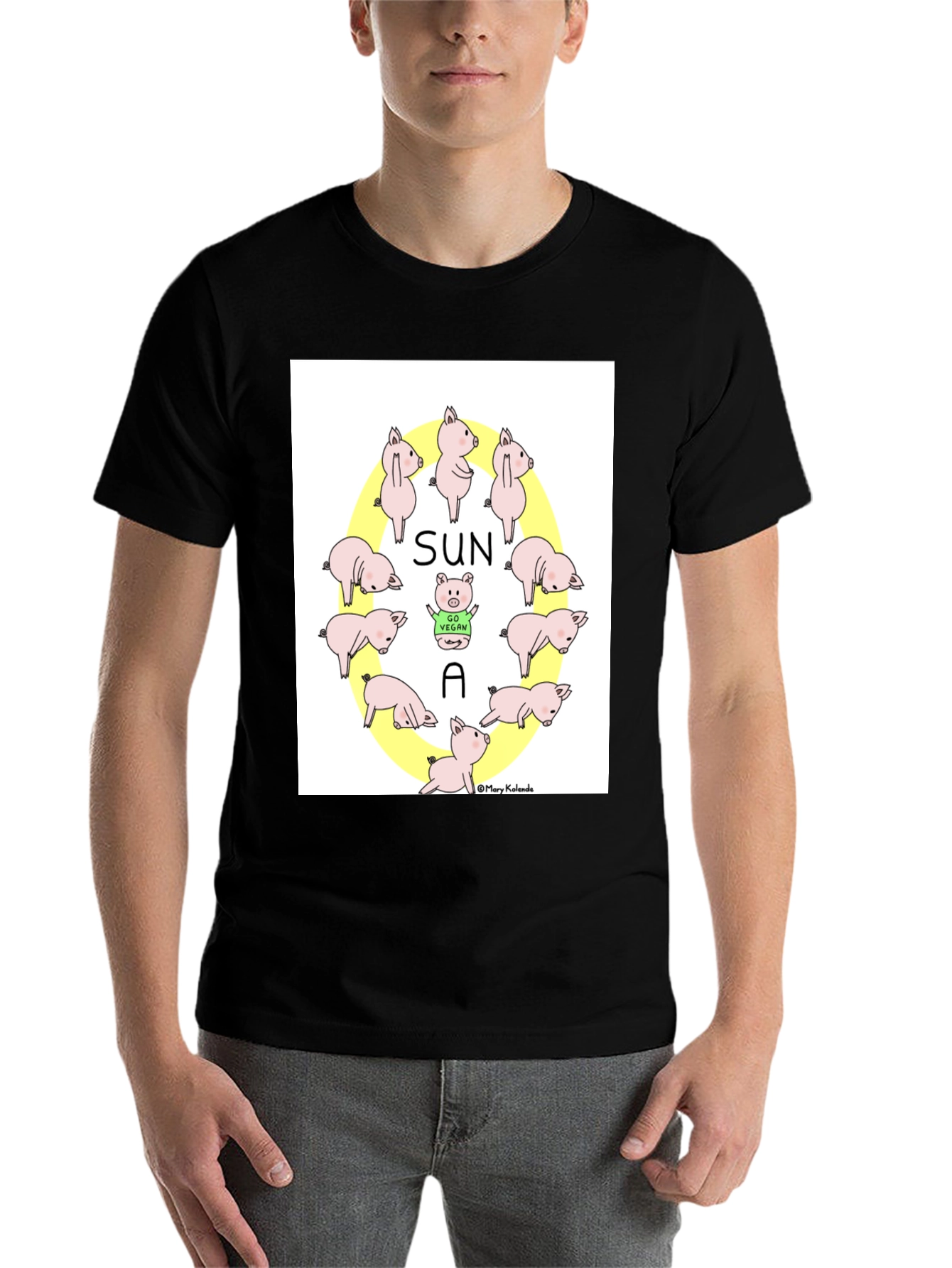 Black Cute Vegan Pig T-Shirt - Sun A Vegan Pun Tee view 7