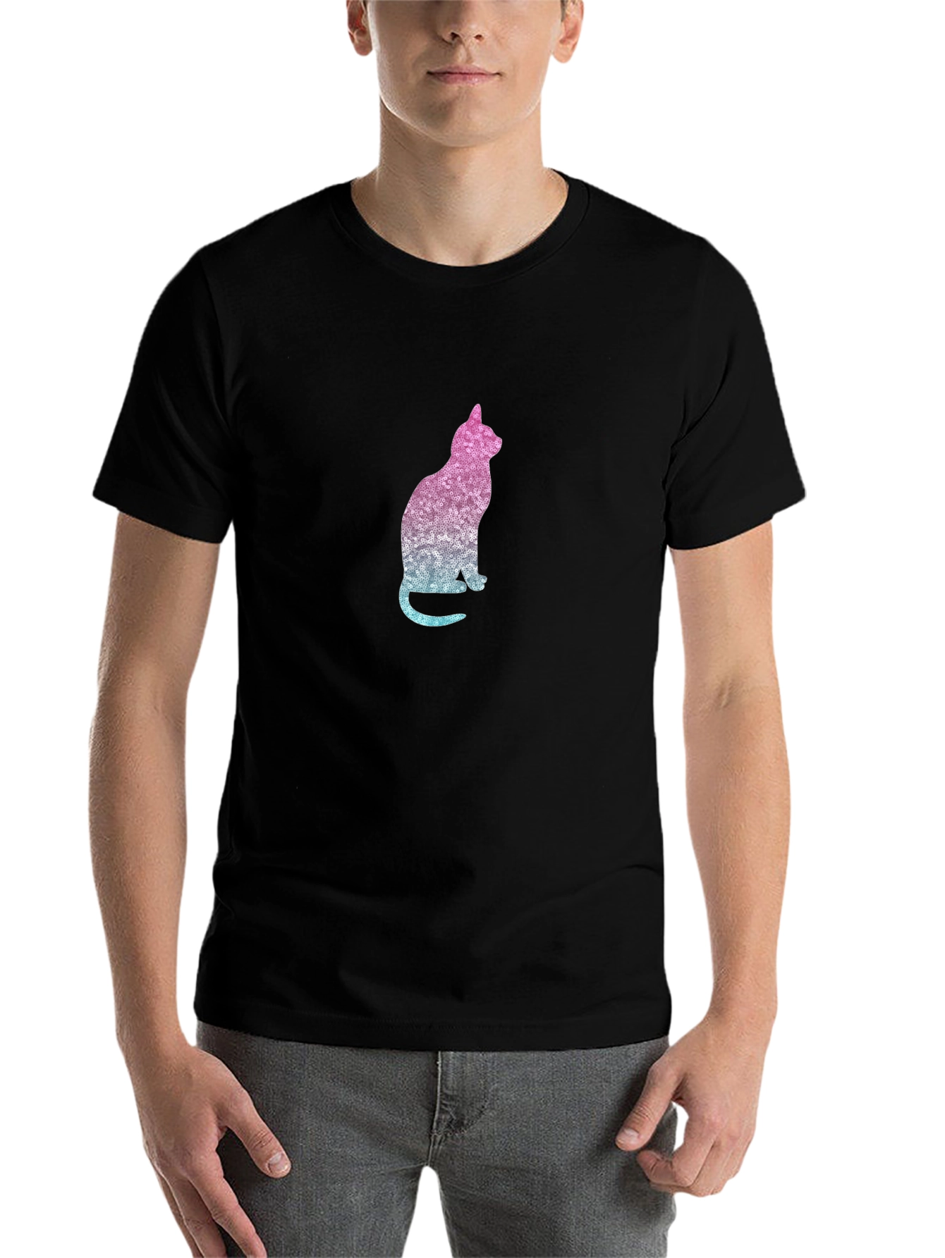 Black Stylish Cat Silhouette Graphic Tee - Black view 7