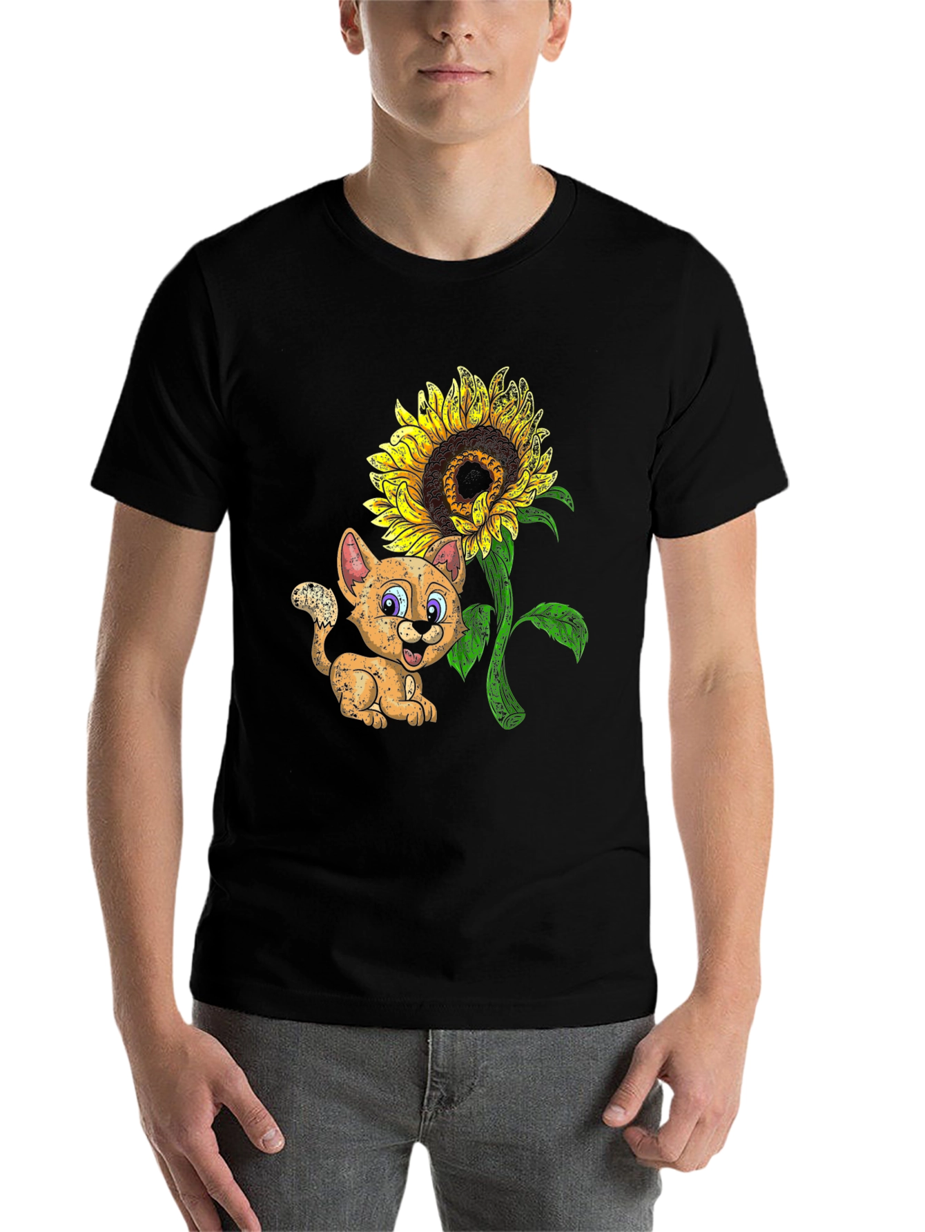 Black Cute Cartoon Cat & Sunflower Black T-Shirt view 7