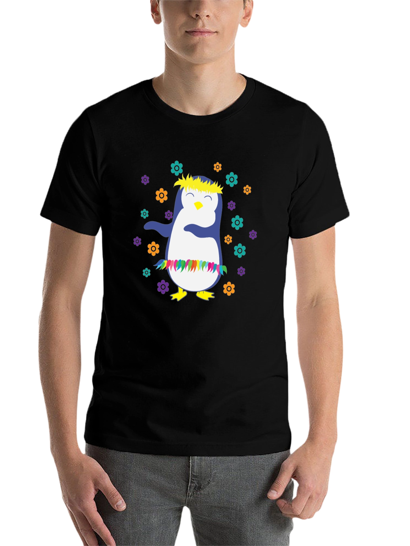Black Dabbing Penguin T-Shirt - Hawaiian Luau Style view 7