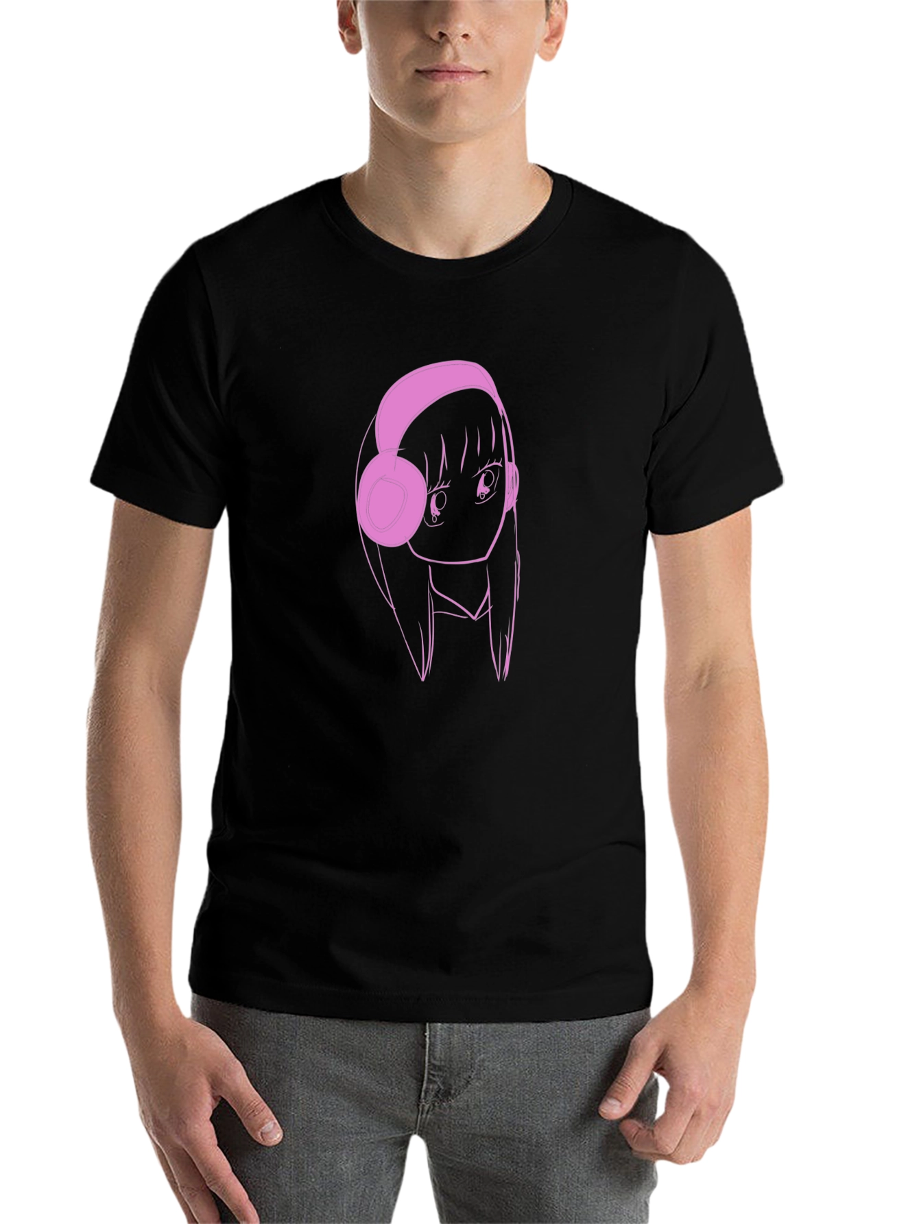 Black Anime Girl Pink Headphones Black T-Shirt view 7