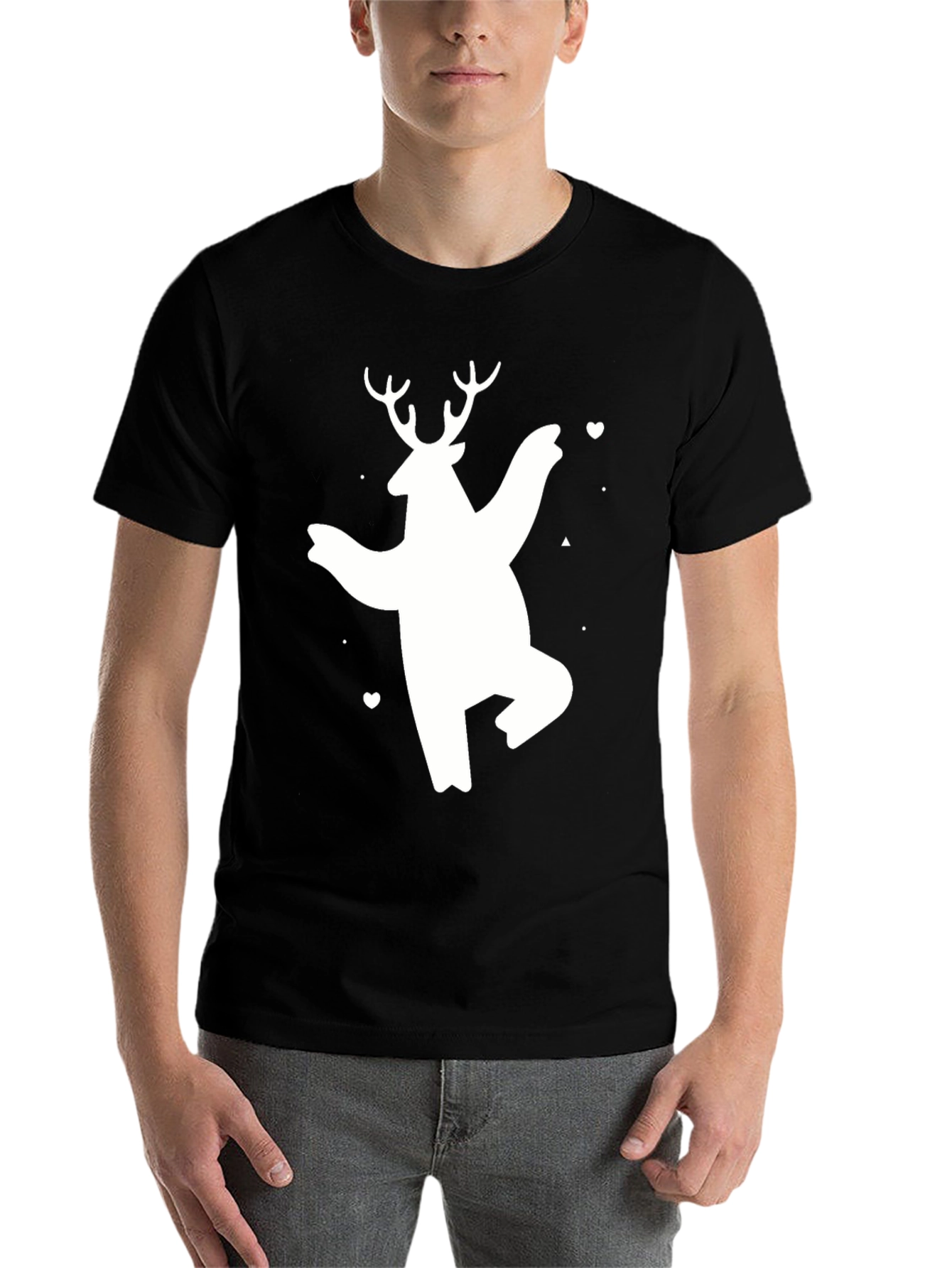 Black Bear Deer Graphic Tee - Black Cotton Casual T-Shirt view 7