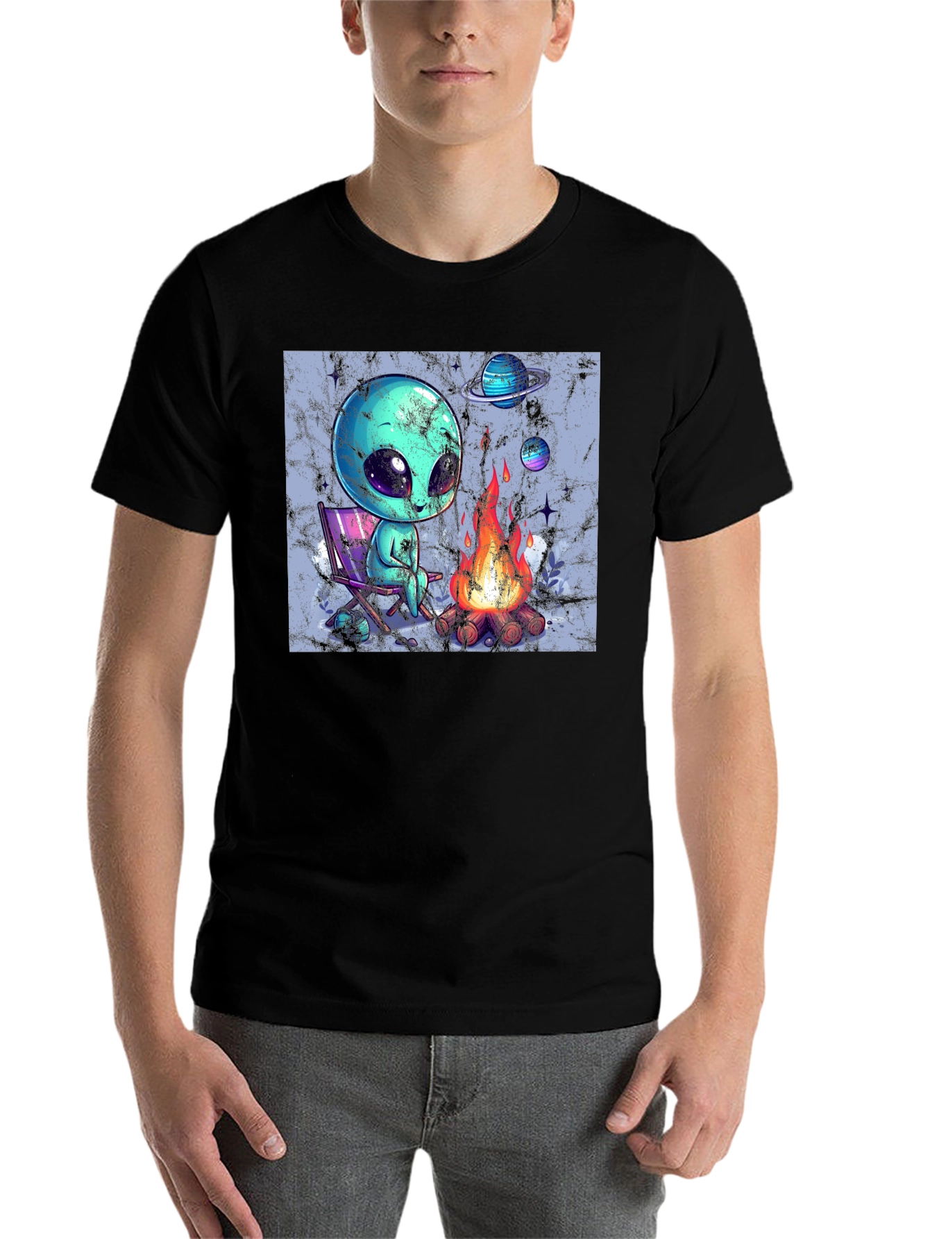 Black Alien Camping T-Shirt - Out of This World Comfort! view 7